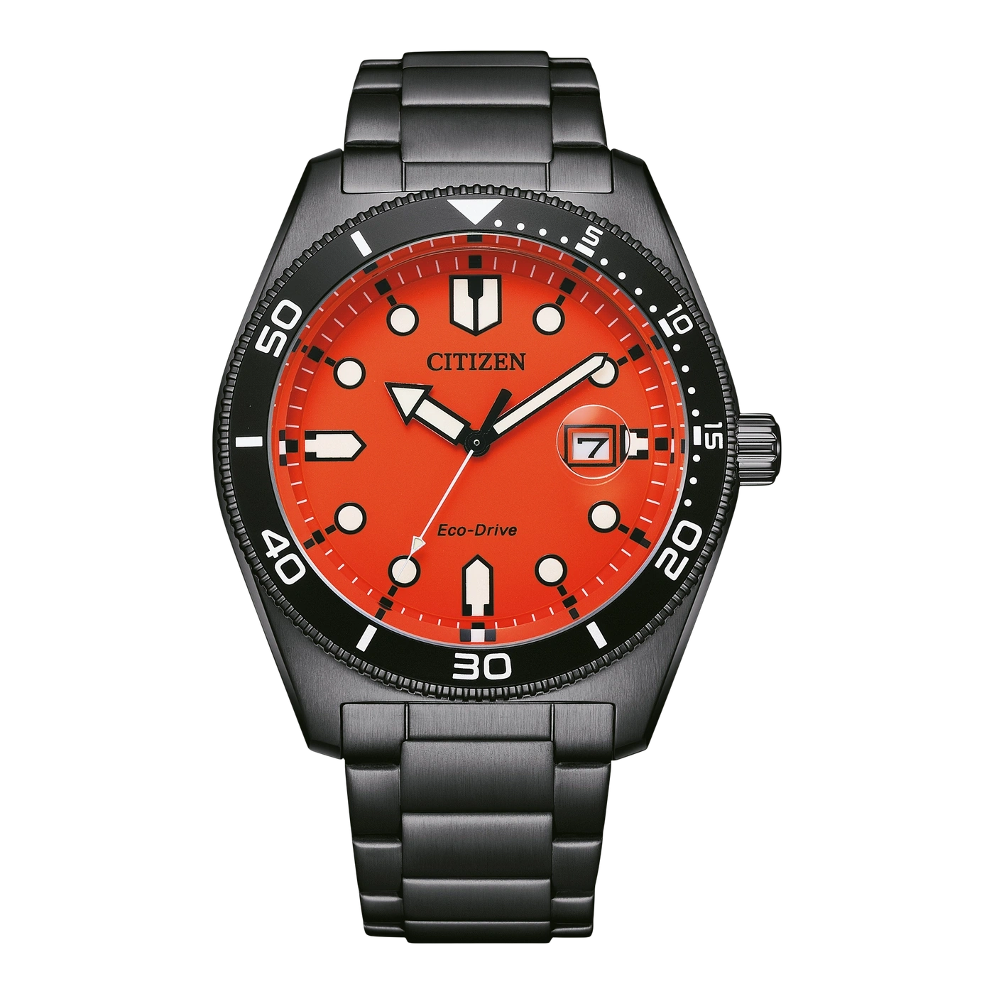 Citizen horloge met oranje wijzerplaat en zwarte bezel en band.