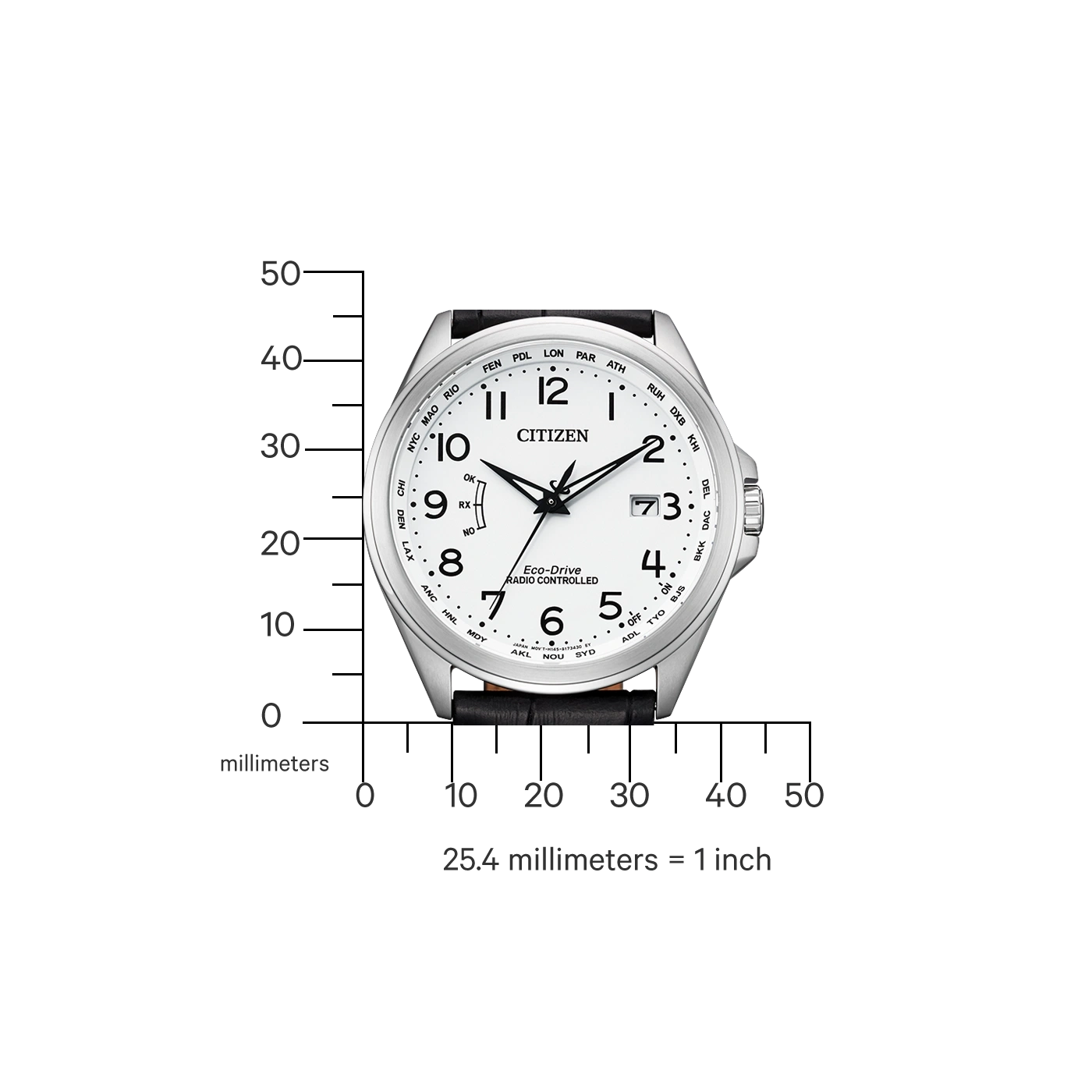 Citizen horloge met witte wijzerplaat, zwarte leren band en tijdzone-indicatoren.