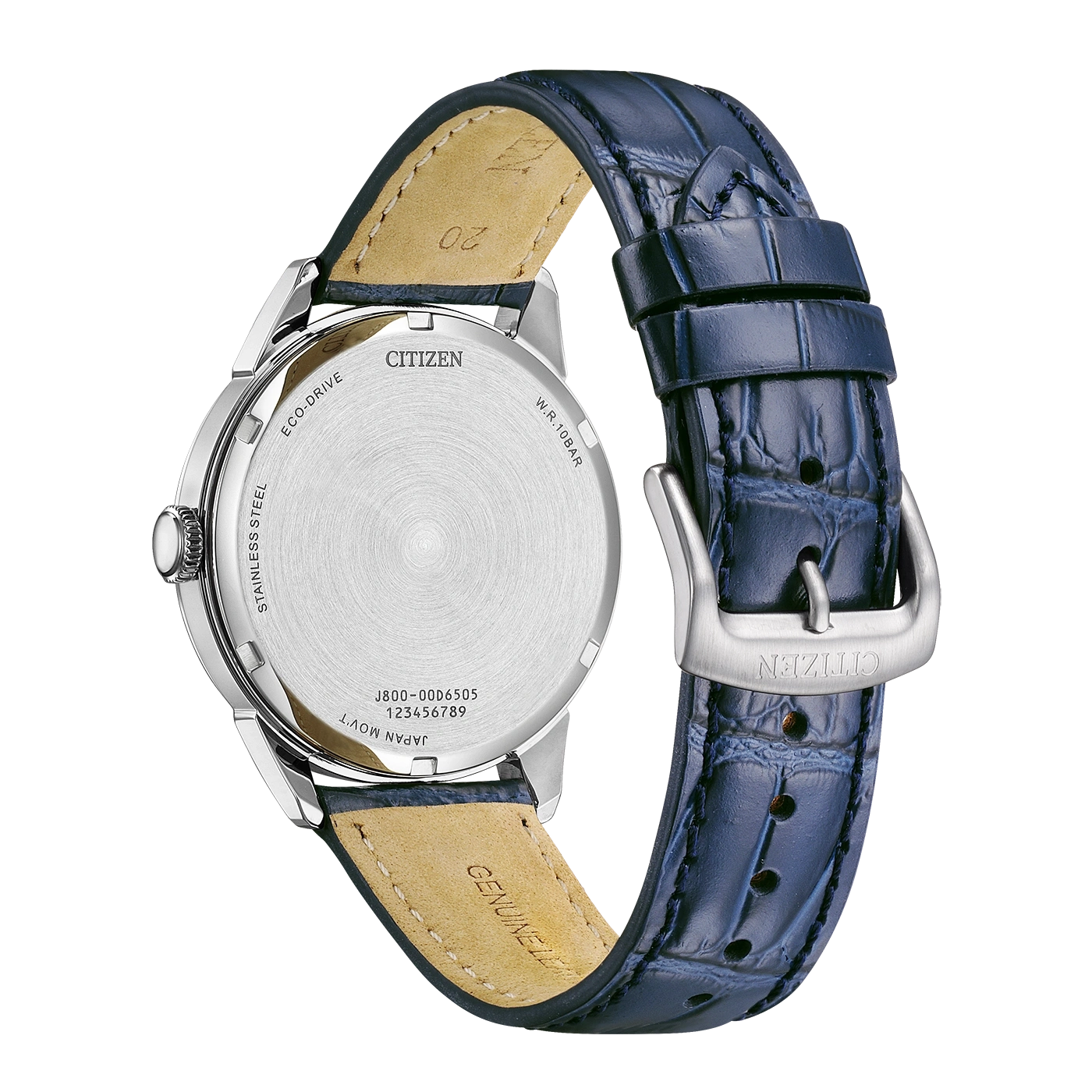 Achterkant van een blauwlederen Citizen horloge met tekst.