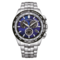 Citizen horloge met blauwe wijzerplaat, zilveren band en chronograaf functies.