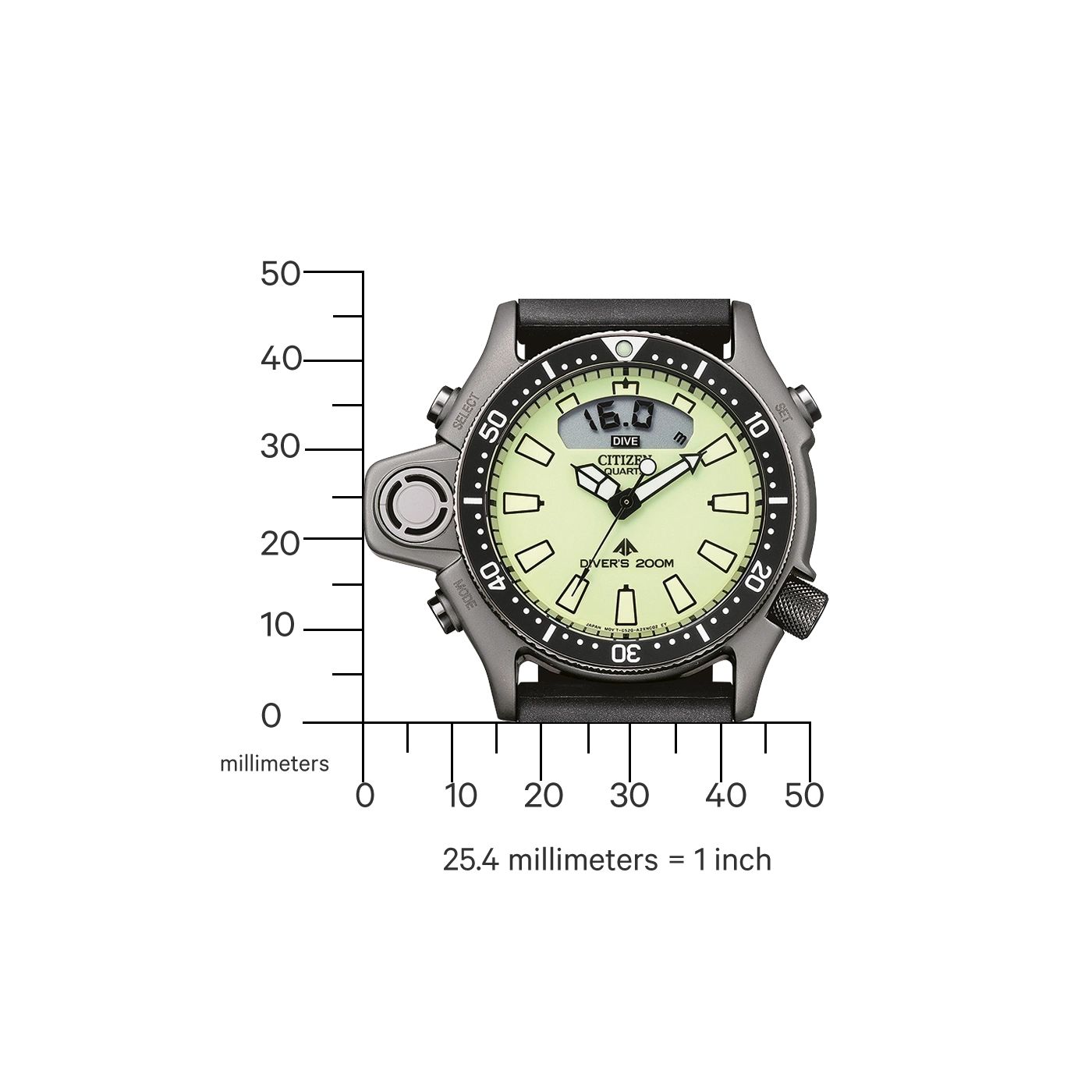 Citizen horloge met dieptemeter, zwarte band en meetschaal.