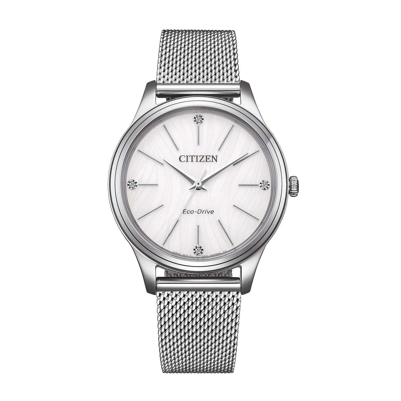 Een wit Citizen Eco-Drive horloge met een zilveren mesh band.