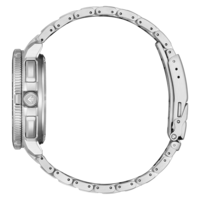 Zijaanzicht van een zilveren horloge met metalen band.