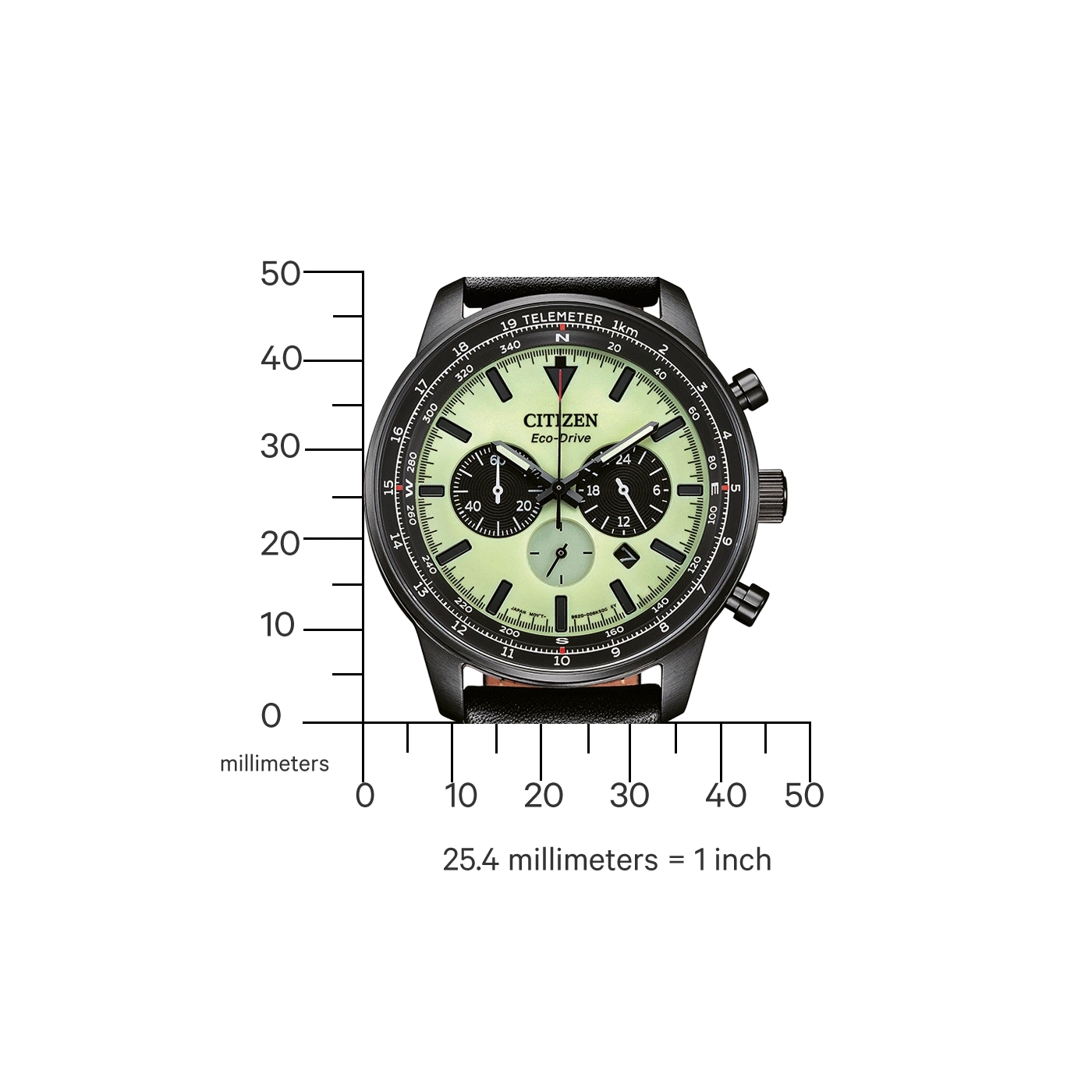 Citizen Eco-Drive horloge met zwarte kast en lichtgroene wijzerplaat, met een schaal in millimeters.