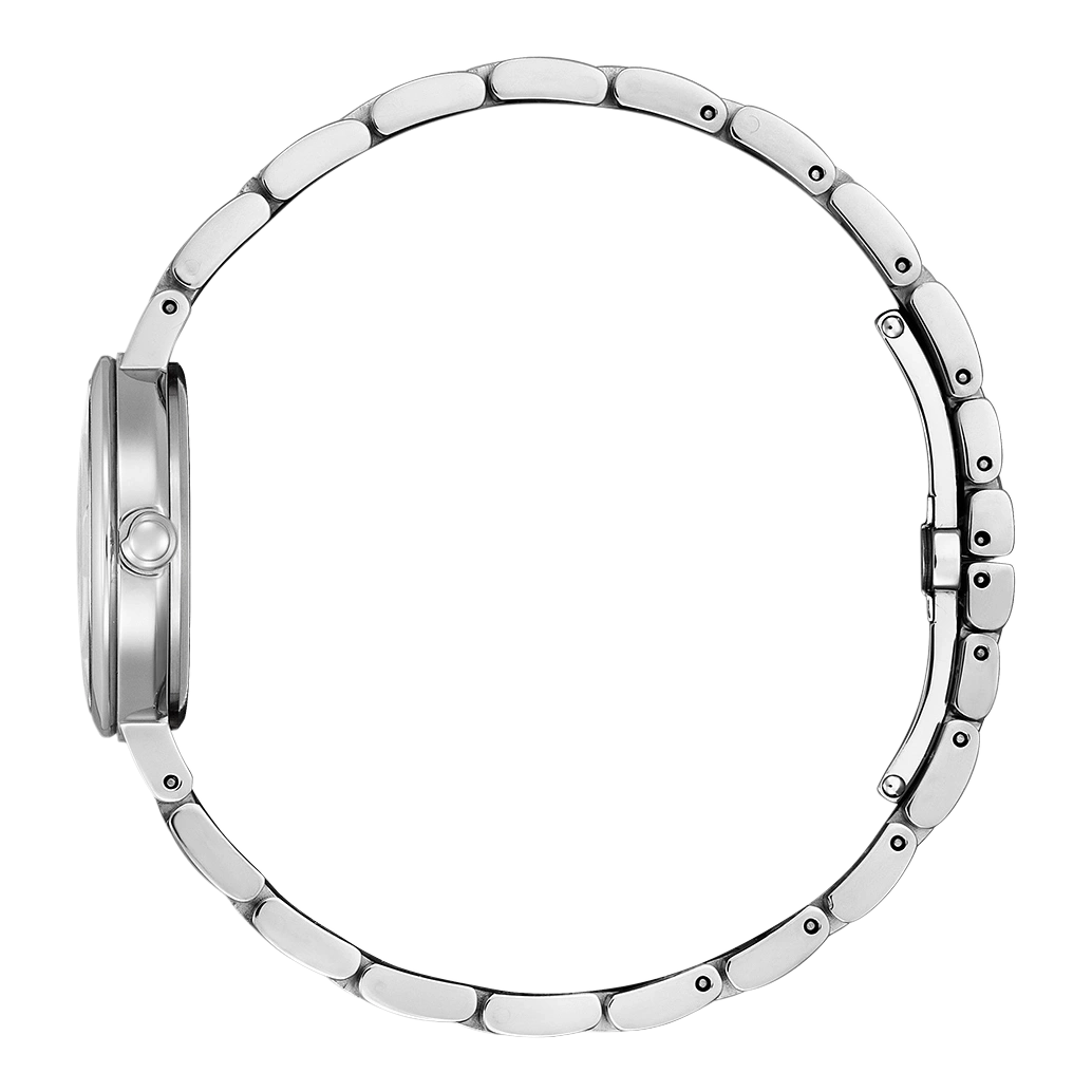 Zilveren horloge met een cirkelvormig ontwerp en een metalen band, zijaanzicht.