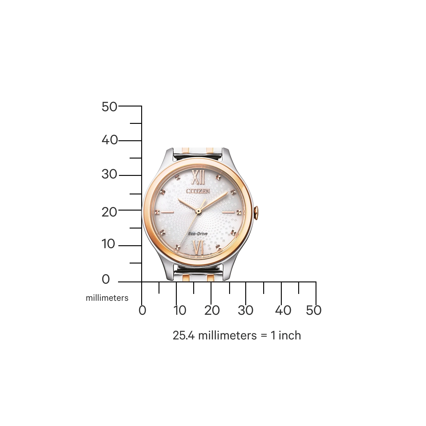 Citizen horloge met goud en zilver accenten, Eco-Drive en millimeterschaal.