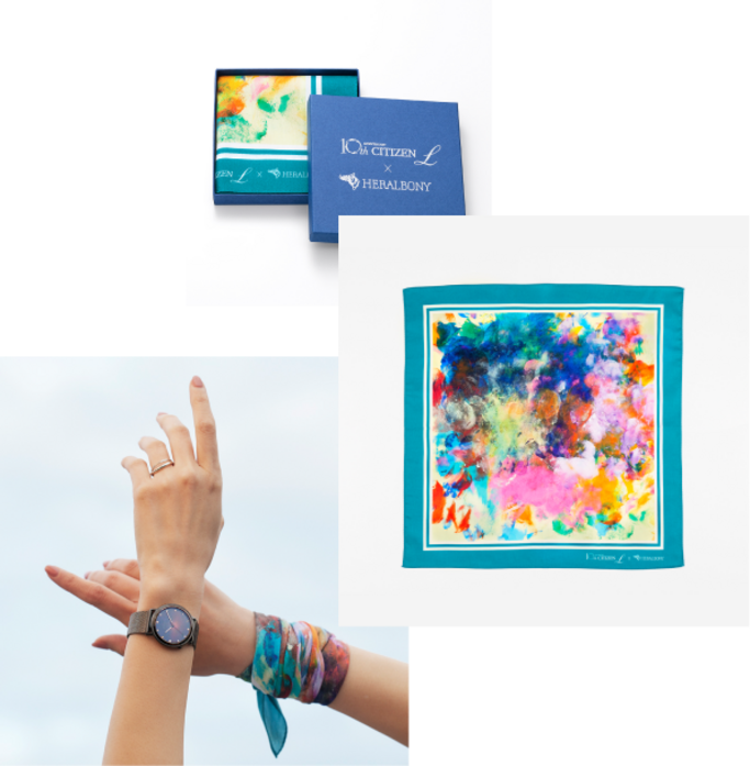 Citizen L horloge, sjaal en doos. Kleurrijk abstract kunstontwerp.