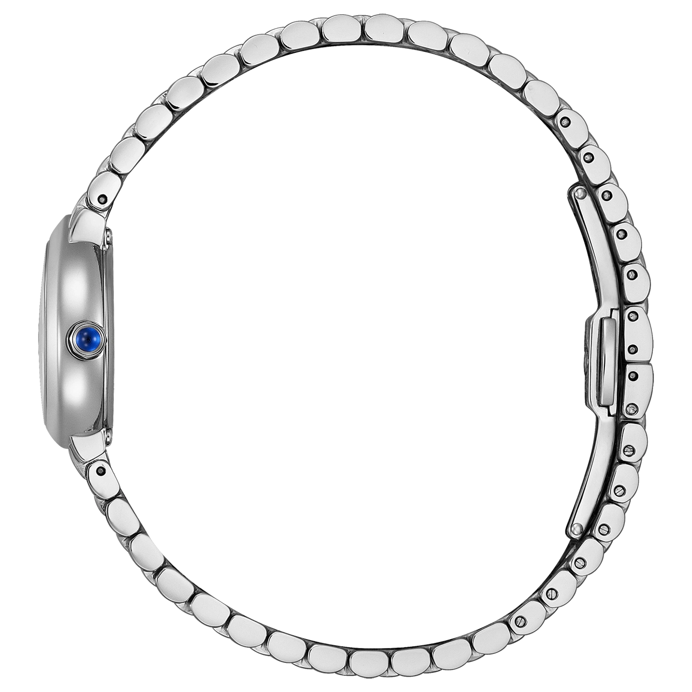 Een zijaanzicht van een zilveren horloge met een blauwe edelsteen aan de zijkant.