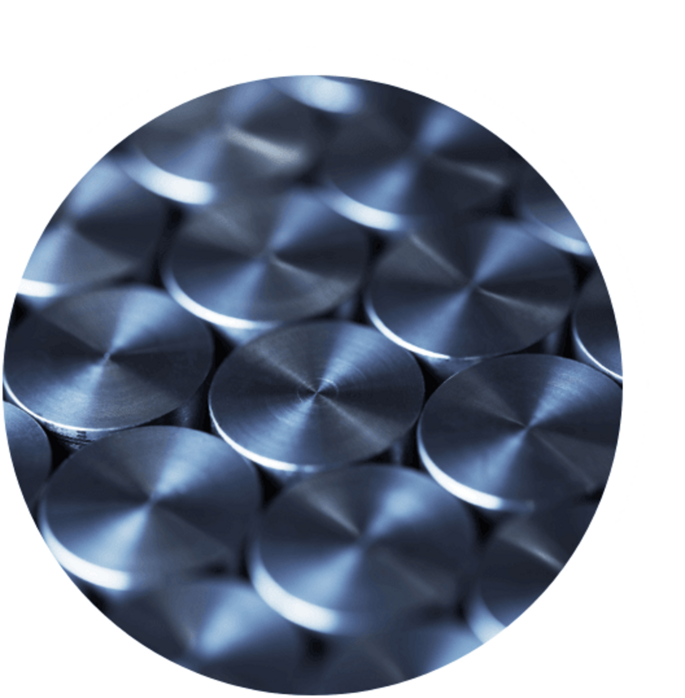 Close-up van glanzende metalen schijven, industrieel patroon, blauw