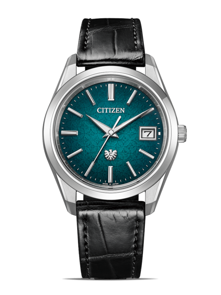 Citizen horloge met een teal wijzerplaat en zwarte leren band, elegant design.