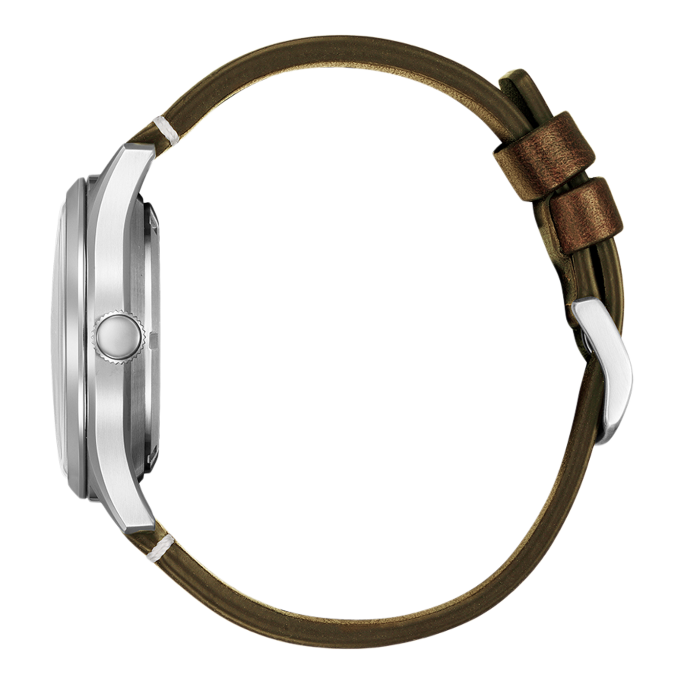 Zijaanzicht van een zilveren horloge met een bruine leren band.