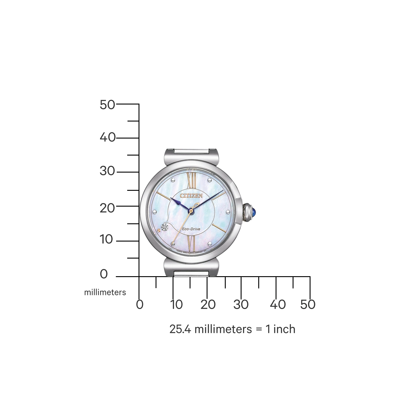 Citizen horloge met Eco-Drive, zilverkleurig, en een schaal in millimeters.