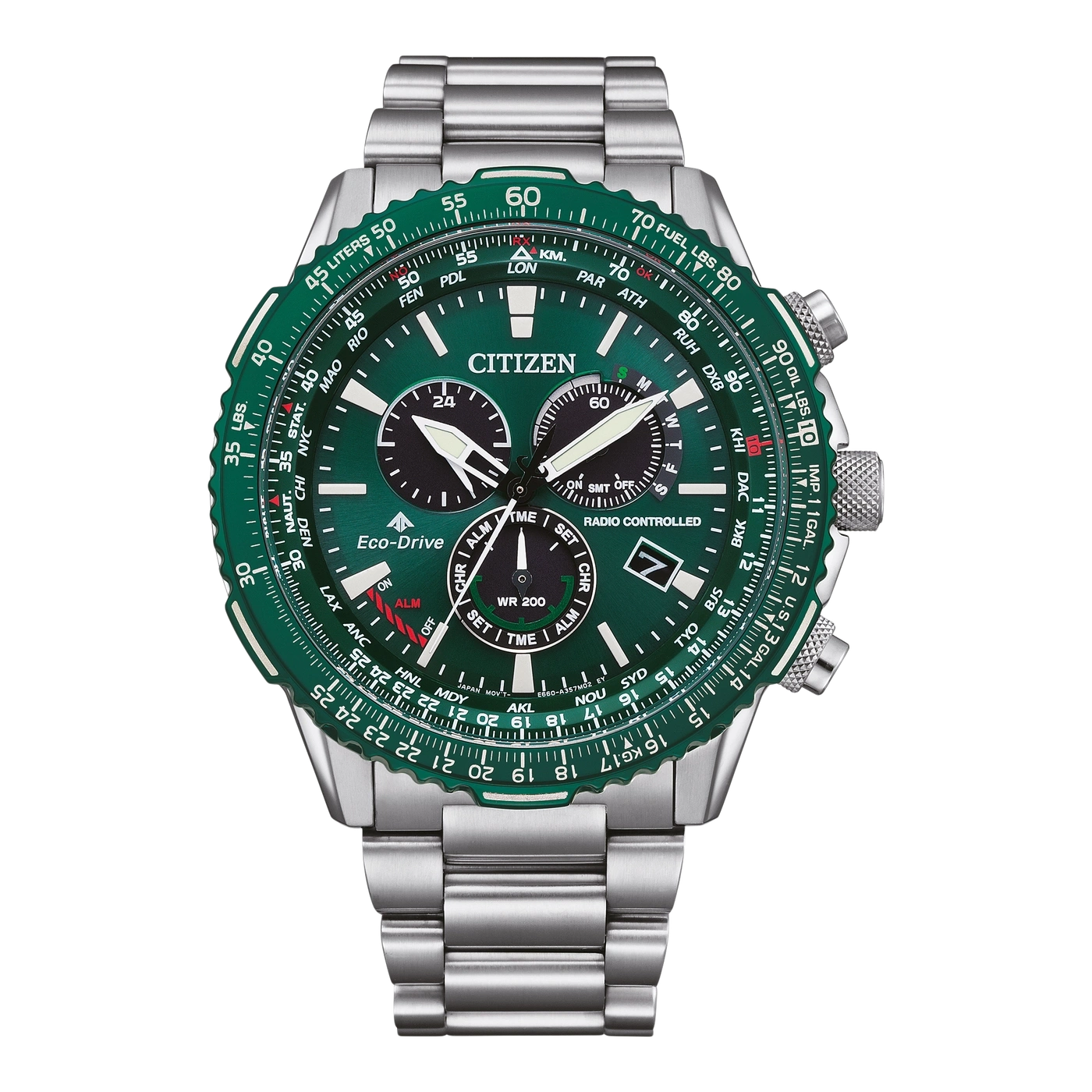 Groen Citizen horloge met meerdere wijzerplaten en een metalen band, Eco-Drive technologie.