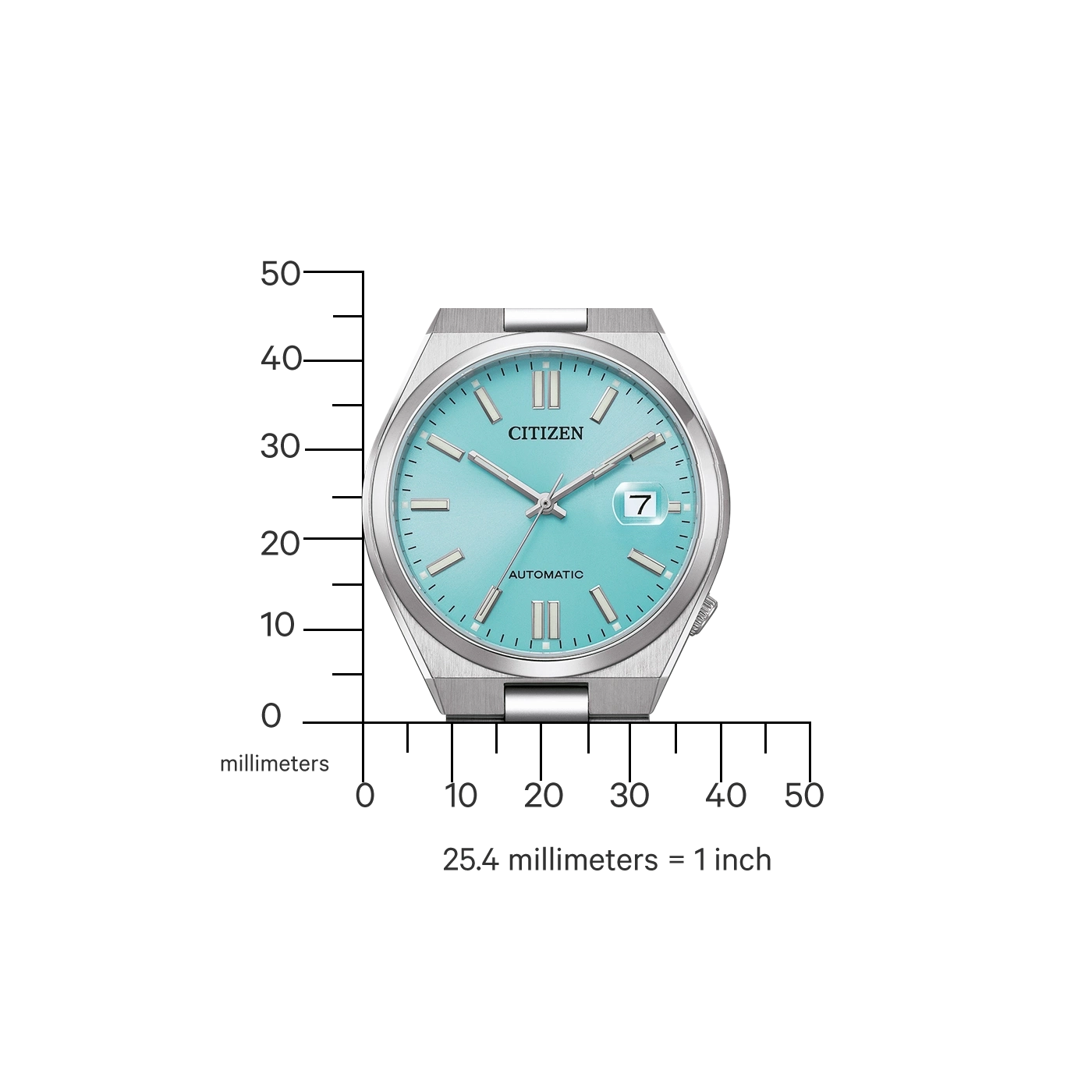 Citizen horloge met turquoise wijzerplaat, automatisch en datumweergave.