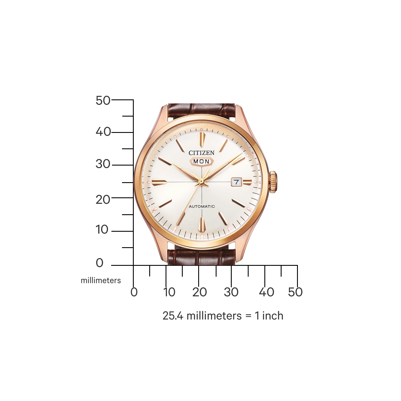 Citizen horloge met bruin lederen band, gouden kast en witte wijzerplaat met datumweergave.