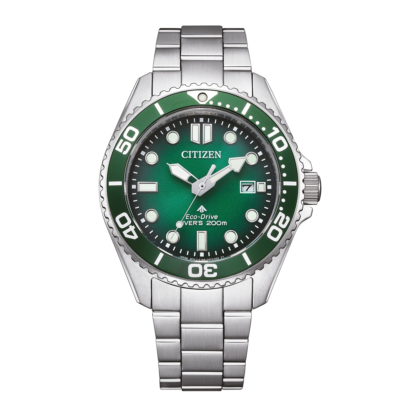 Citizen horloge met groene wijzerplaat en bezel, roestvrijstalen armband