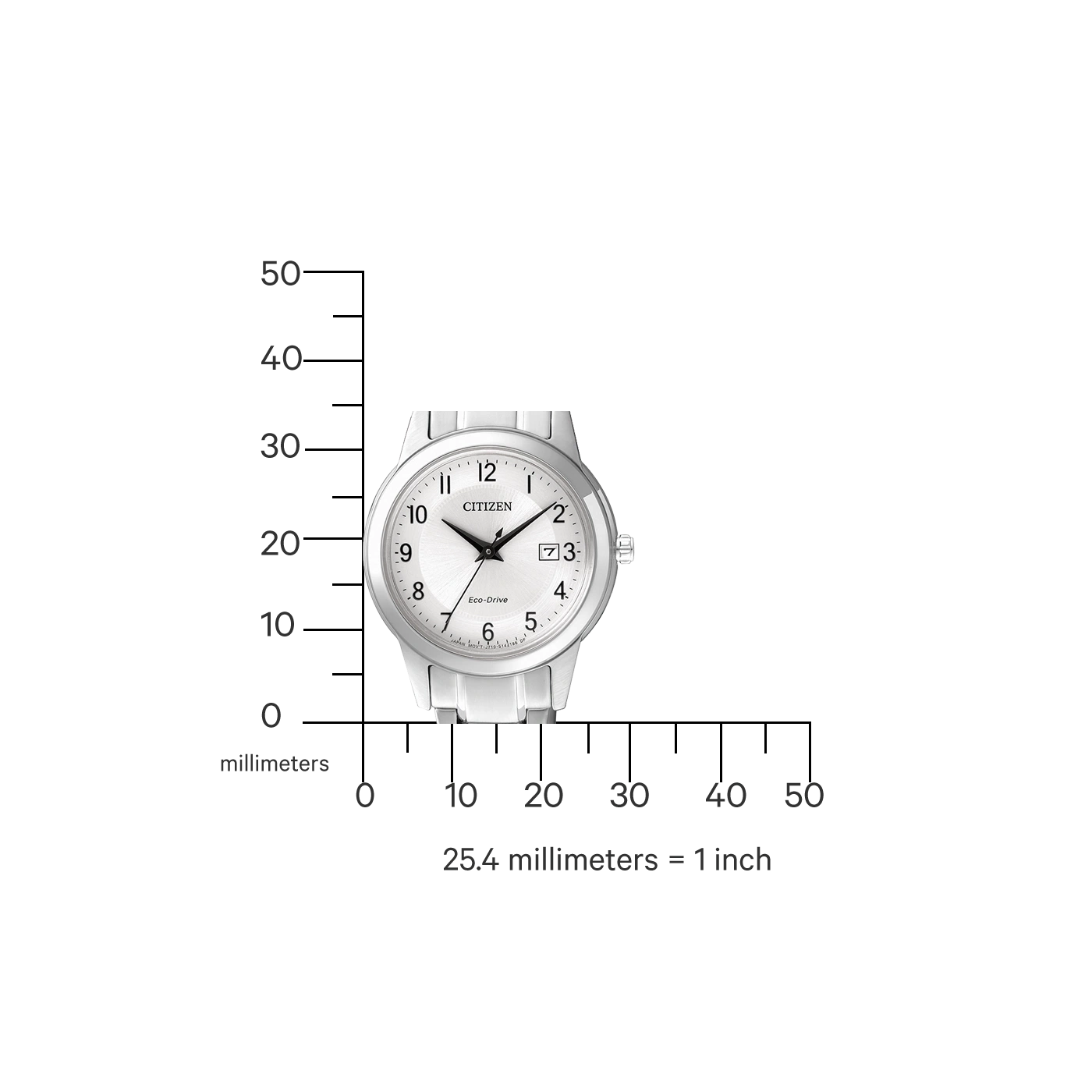 Citizen horloge met witte wijzerplaat en zilveren band, die de tijd aangeeft.