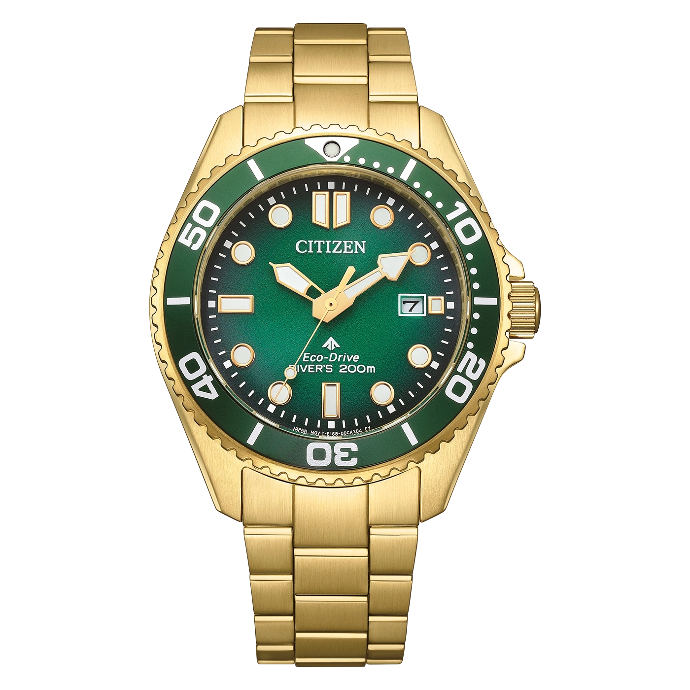 Gouden Citizen horloge met groene wijzerplaat en bezel, toont tijd en datum.