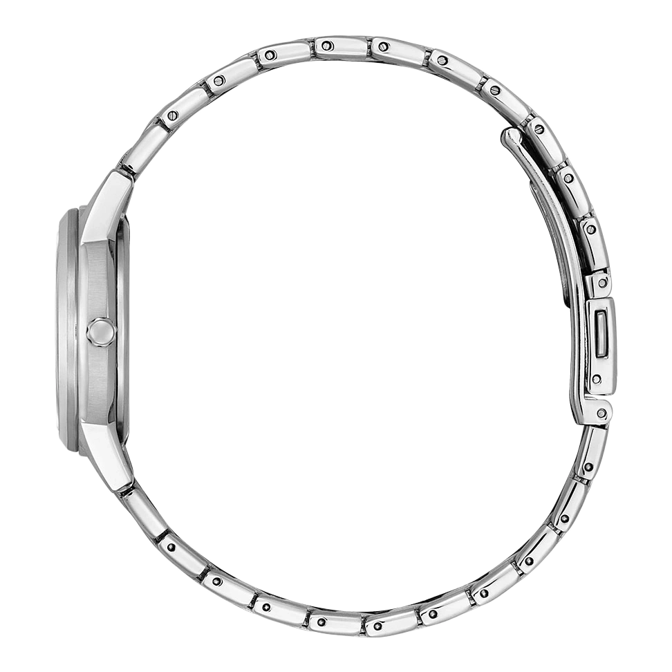 Zilveren horloge met metalen band, zijaanzicht, elegant ontwerp, close-up