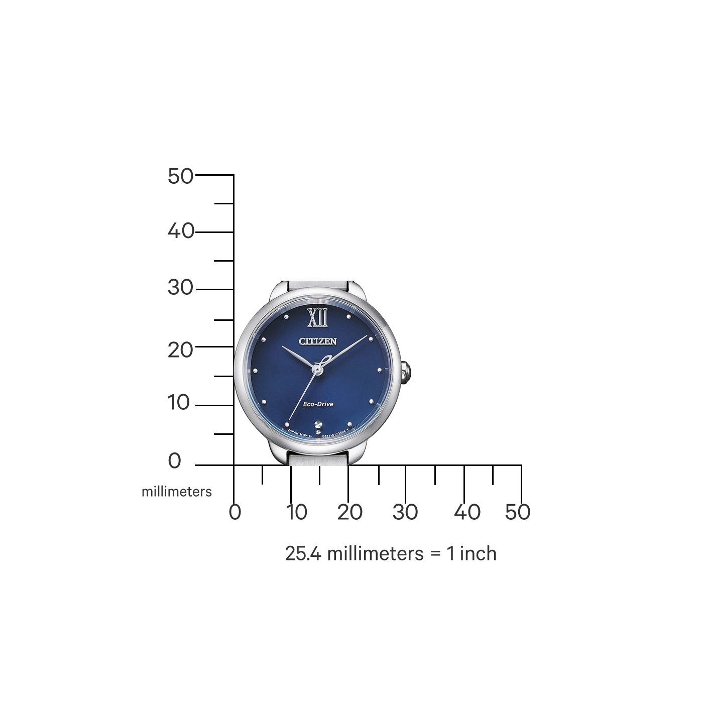 Citizen horloge met blauwe wijzerplaat, zilveren band en Eco-Drive technologie.