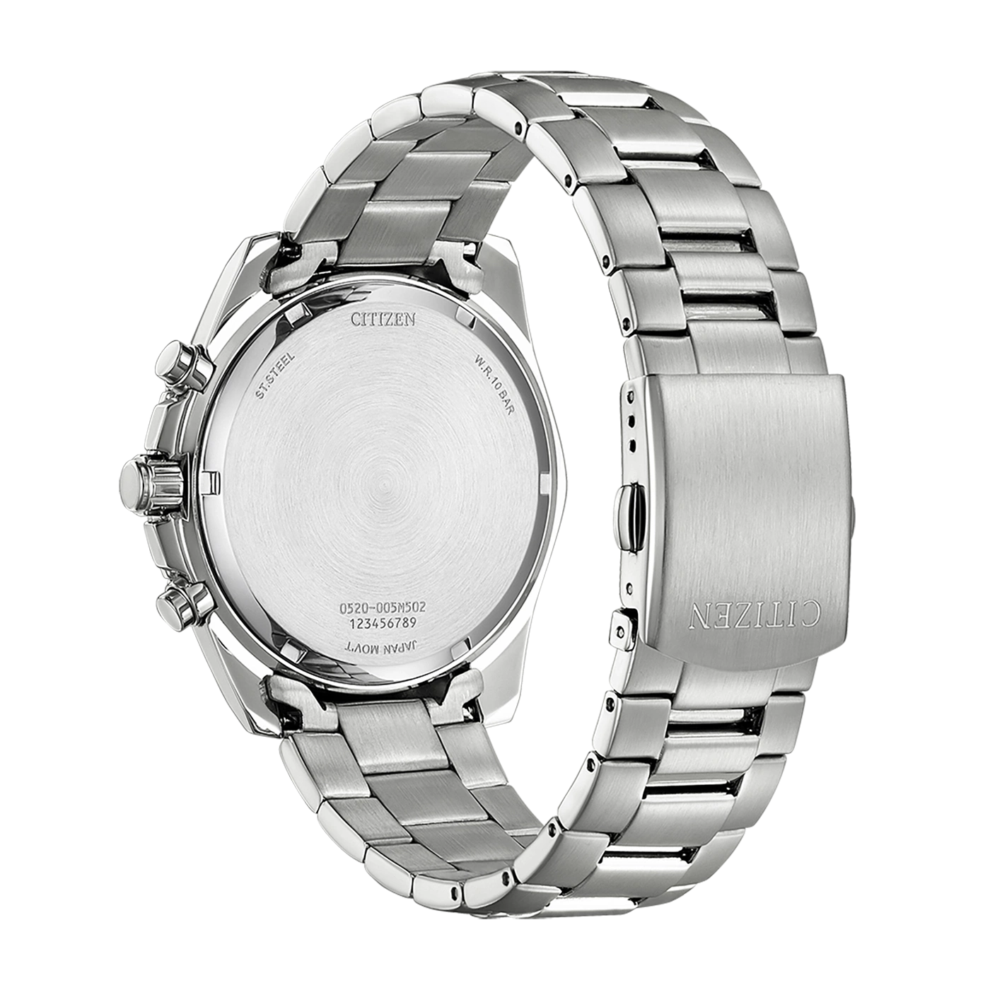 Citizen horloge, roestvrij staal, zilver, achteraanzicht, W.R. 10 BAR, Japan Movt.