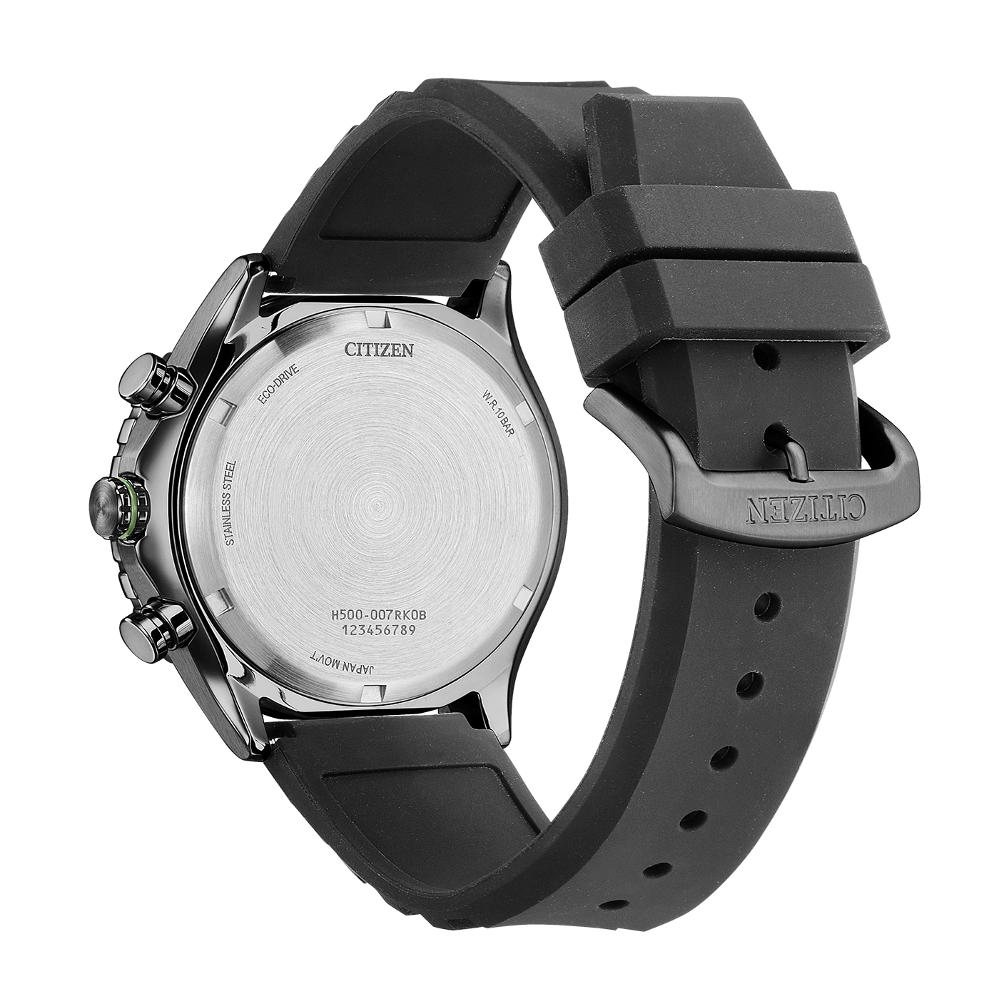 Achterkant van een zwarte Citizen Eco-Drive horloge met rubberen band.