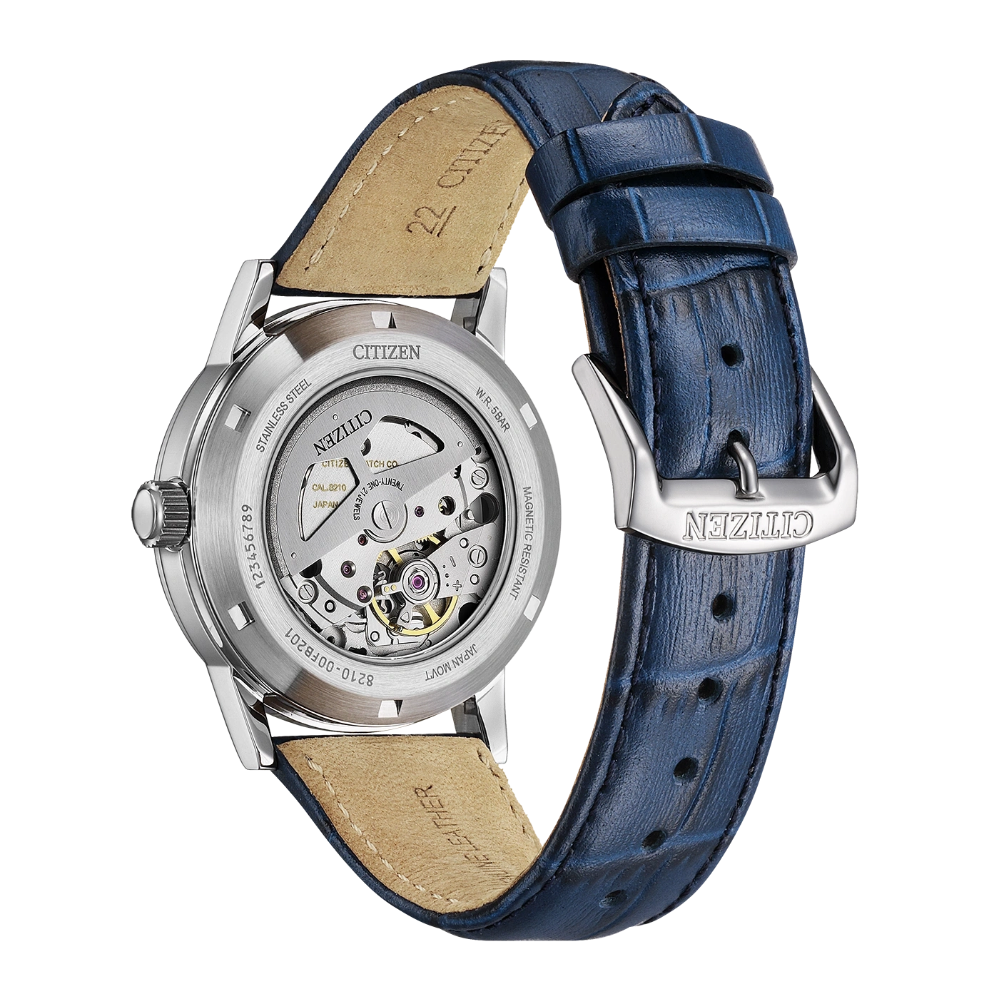 Achterkant van een Citizen horloge met blauw leren band en zichtbaar uurwerk.