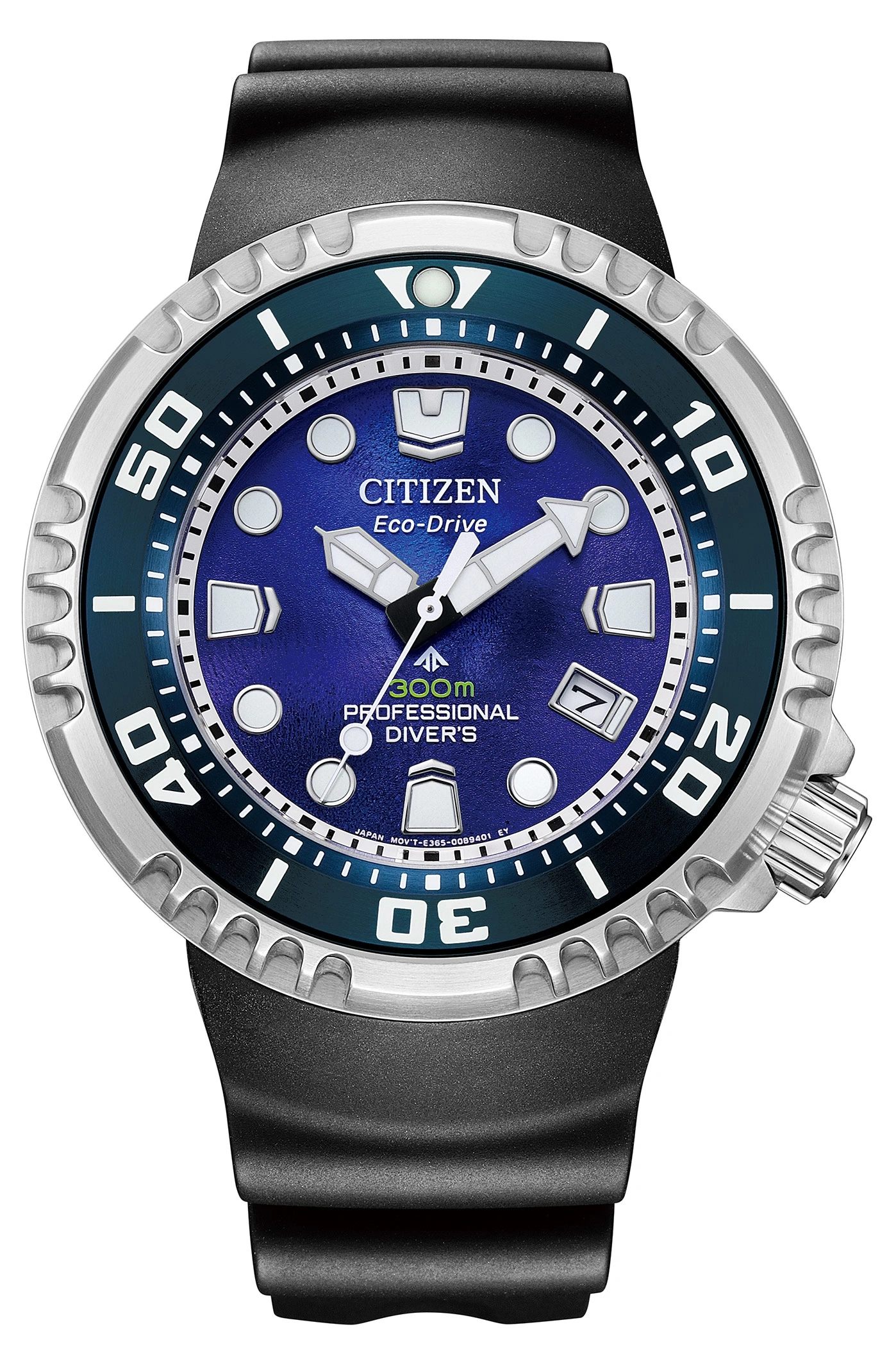 Citizen Eco-Drive horloge met blauwe wijzerplaat, zwarte band en zilveren bezel. Professioneel duikershorloge.