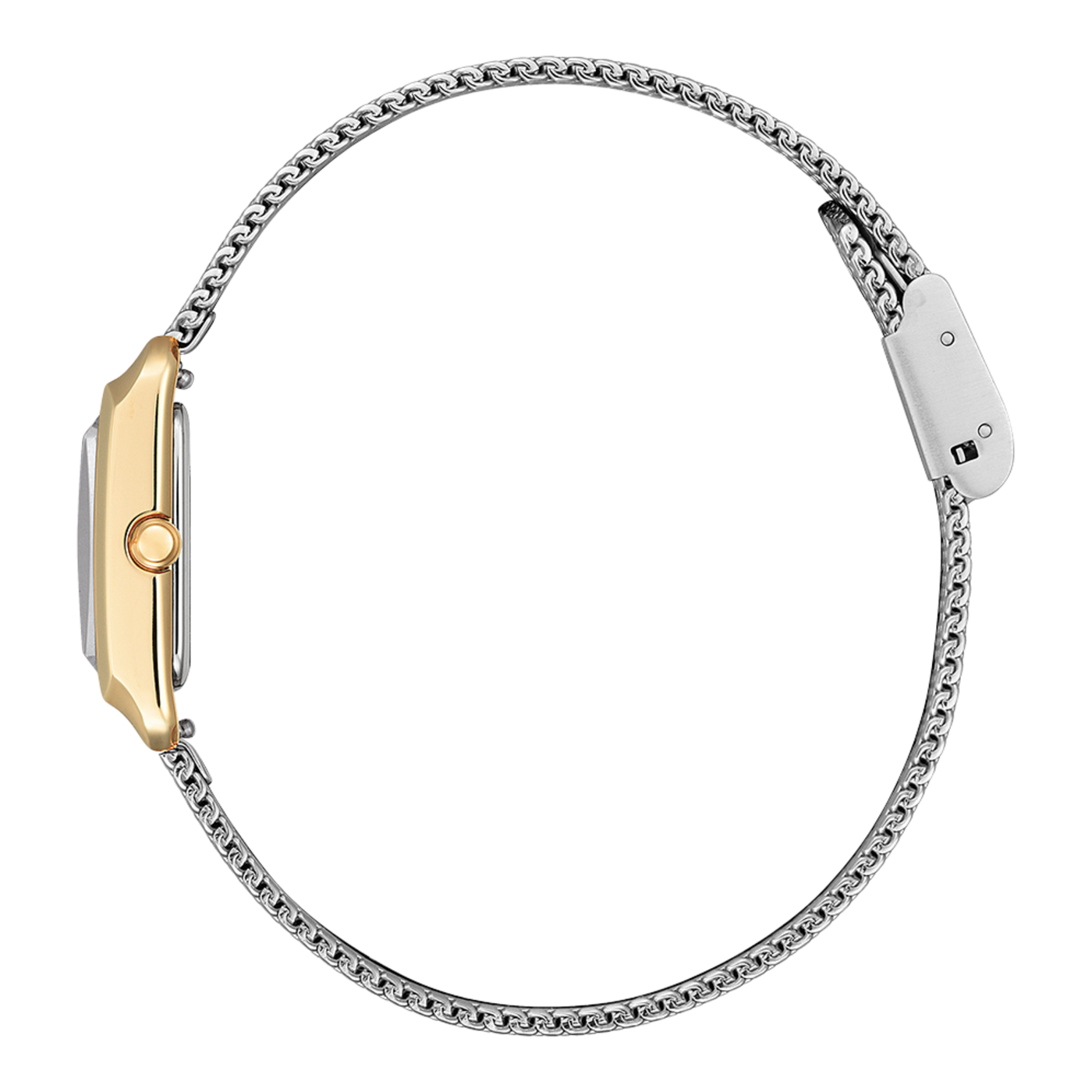 Zijaanzicht van een gouden horloge met een zilveren kettingband, geïsoleerd.