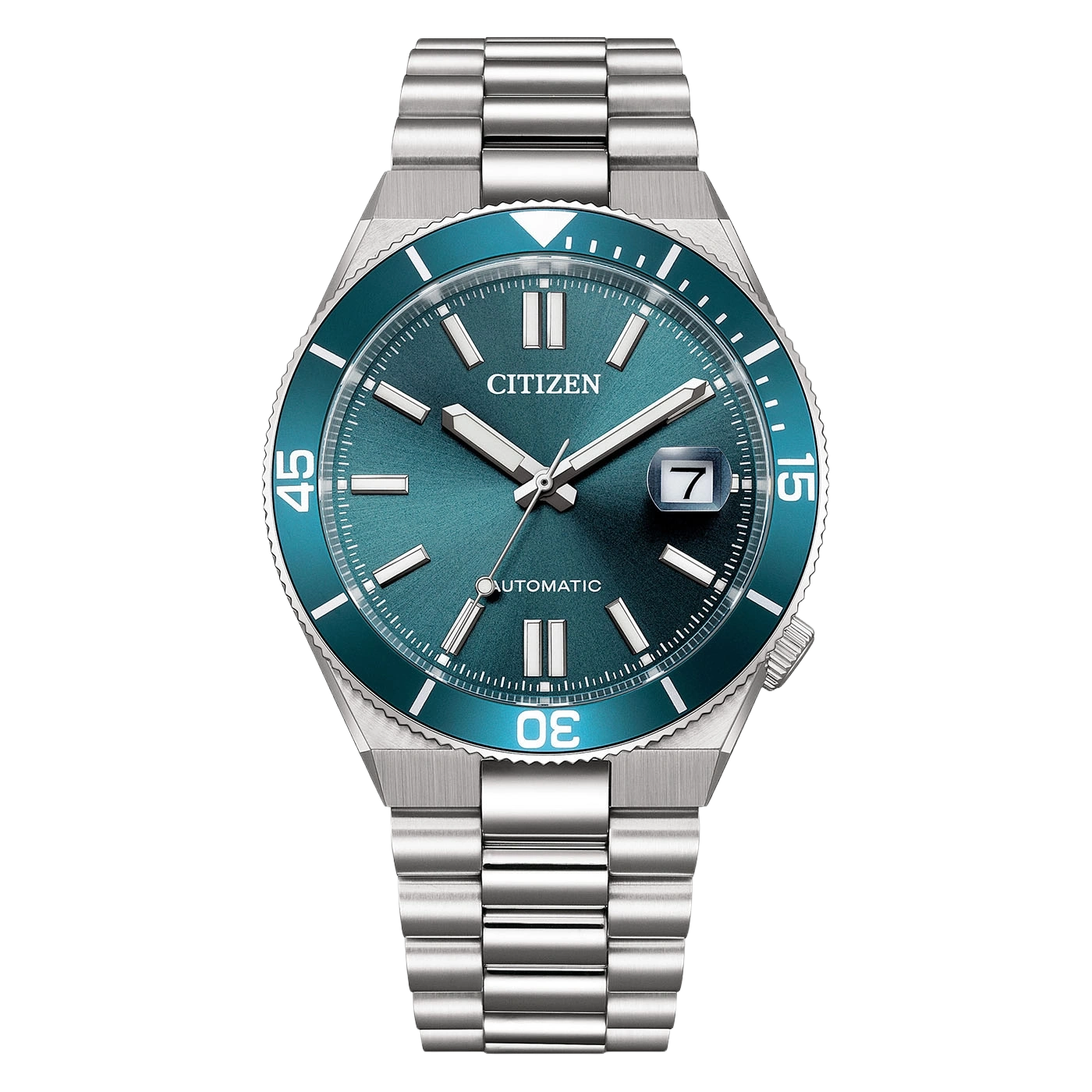 Close-up van een Citizen automatisch horloge met een teal wijzerplaat en zilveren band.