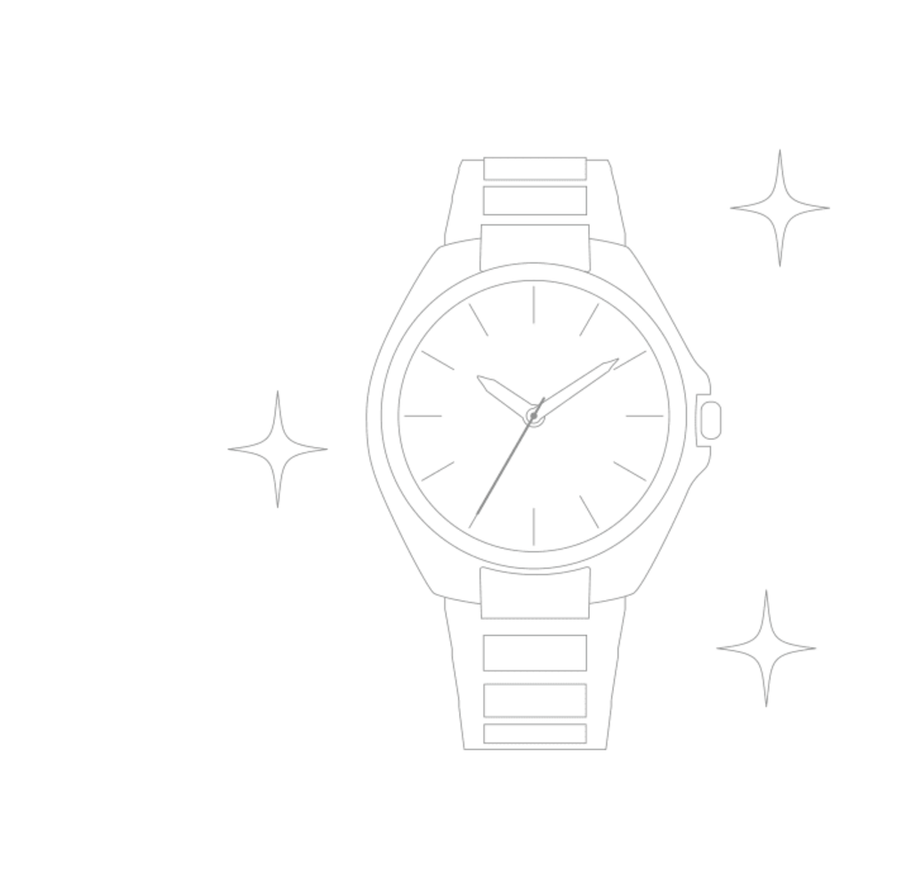 Een horloge met een metalen band en drie fonkelende sterren.