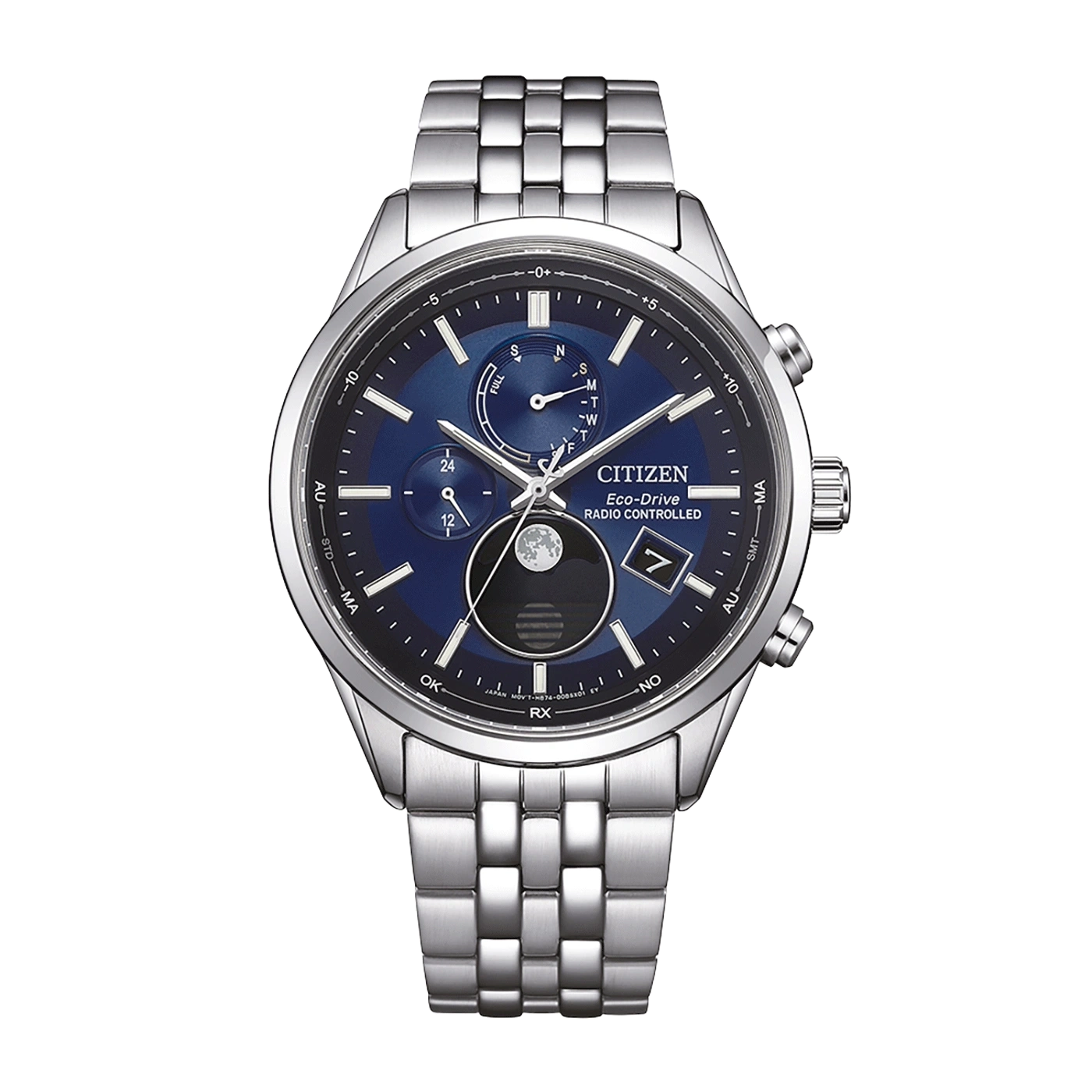 Citizen Eco-Drive horloge met blauwe wijzerplaat, zilveren band en radiogestuurde functies.