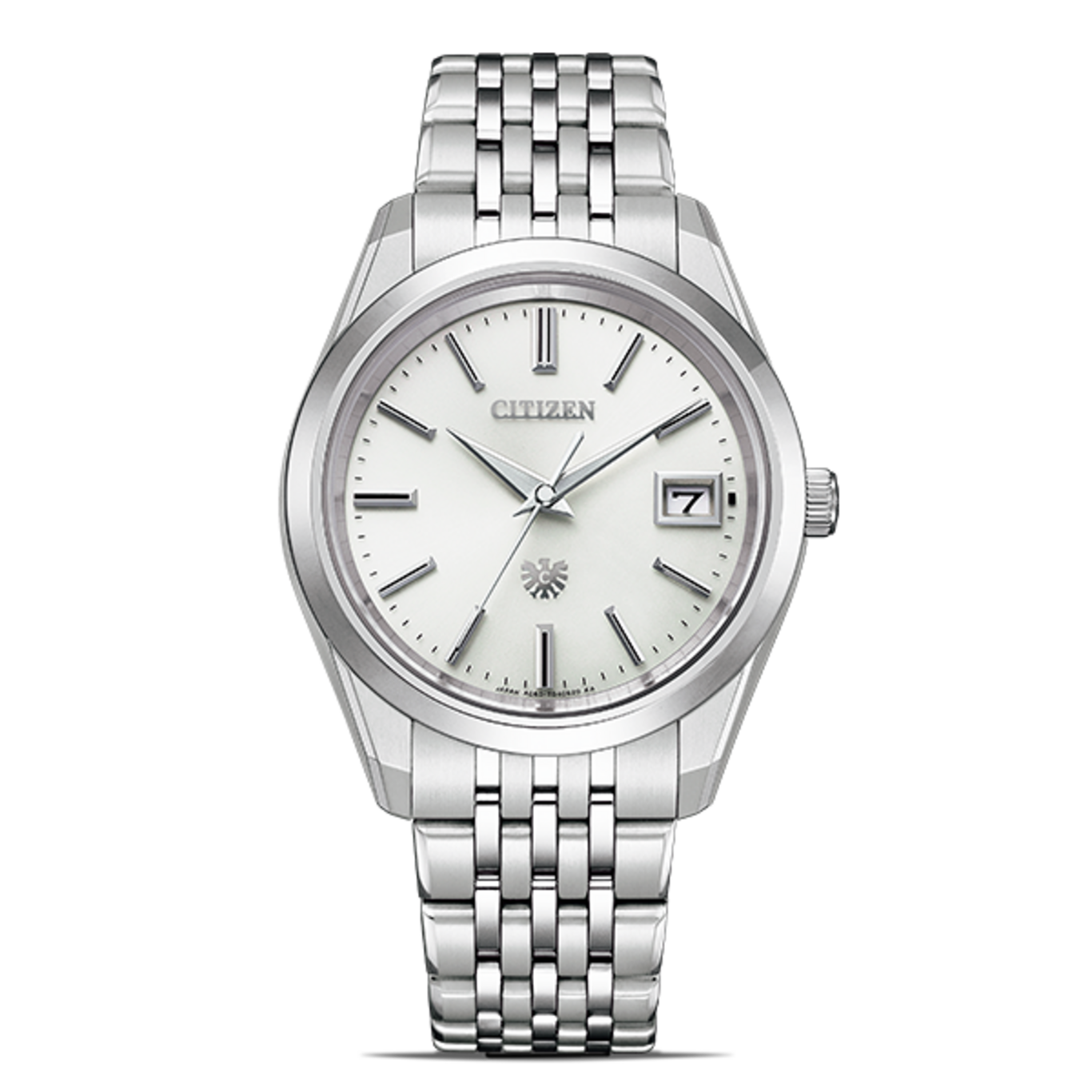 Citizen horloge met zilveren band en witte wijzerplaat, datumweergave.