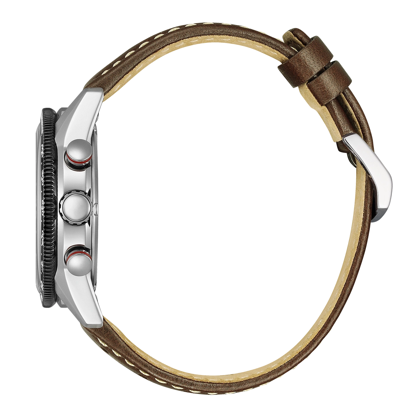 Zijaanzicht van een zilveren horloge met een bruine leren band en witte stiksels.