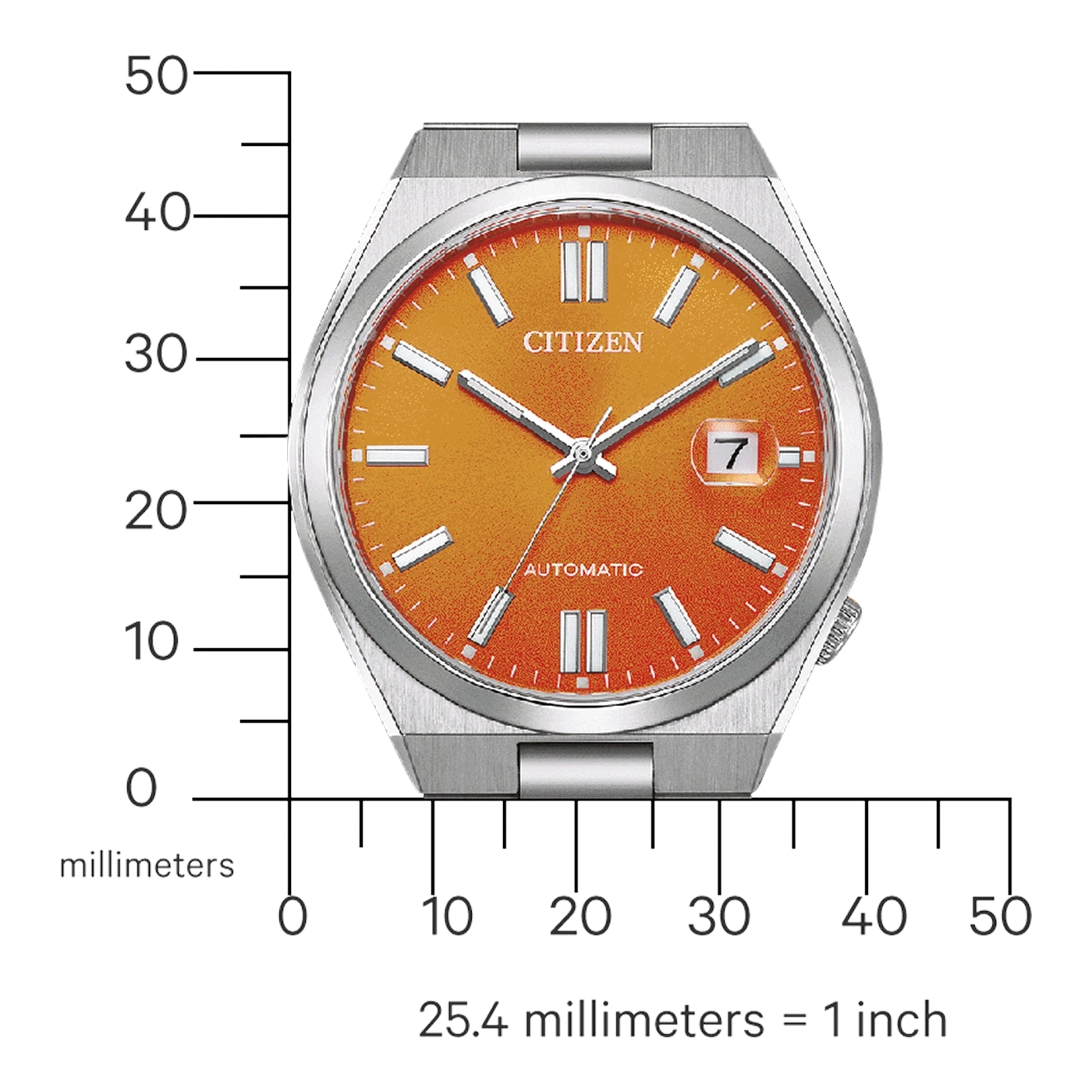 Citizen horloge met oranje wijzerplaat, zilveren kast en datumweergave.