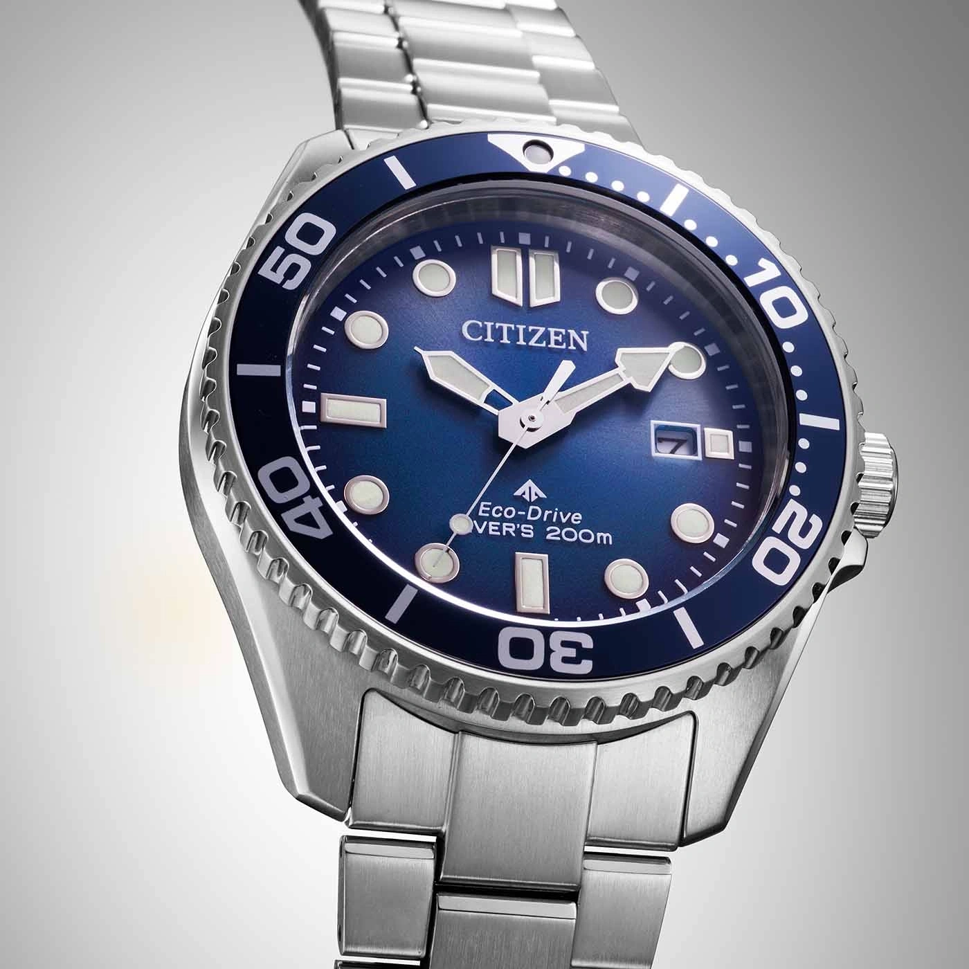 Citizen horloge met blauwe wijzerplaat en zilveren band, Eco-Drive, duikershorloge