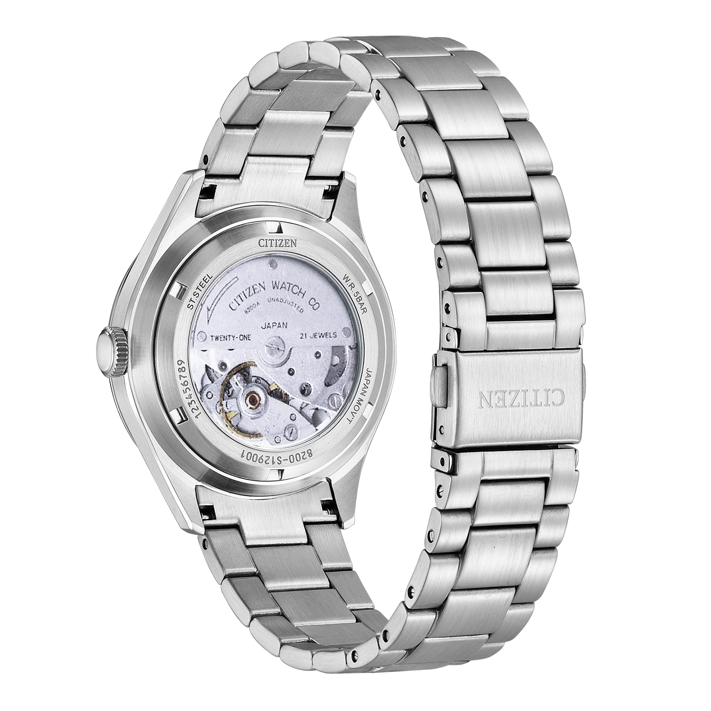 Een geborsteld Citizen horloge met een open achterdeksel dat het uurwerk en een metalen band toont.