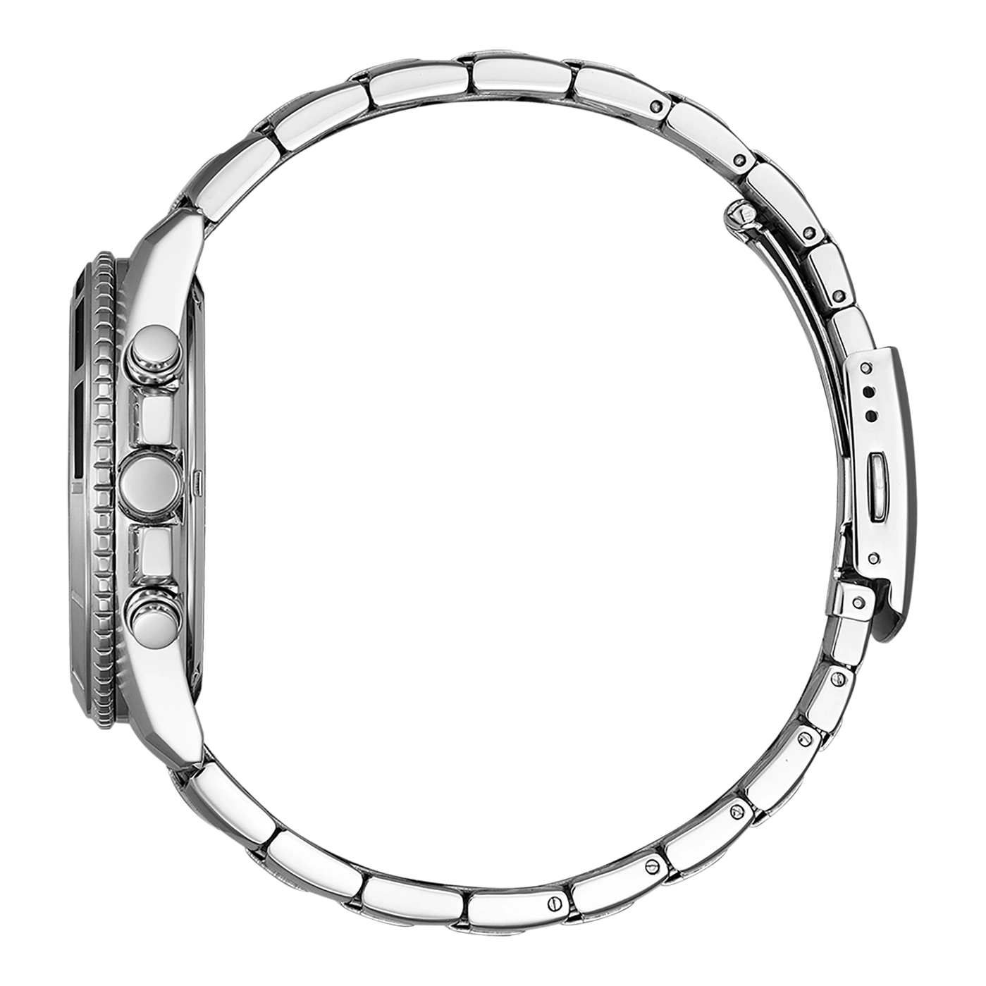Zilveren horloge met metalen band, zijaanzicht, chronograaf ontwerp, elegant en modern.