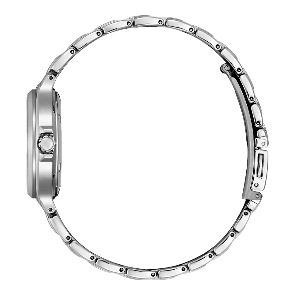 Zilveren horloge met een cirkelvormige band, zijaanzicht, geïsoleerd op witte achtergrond.