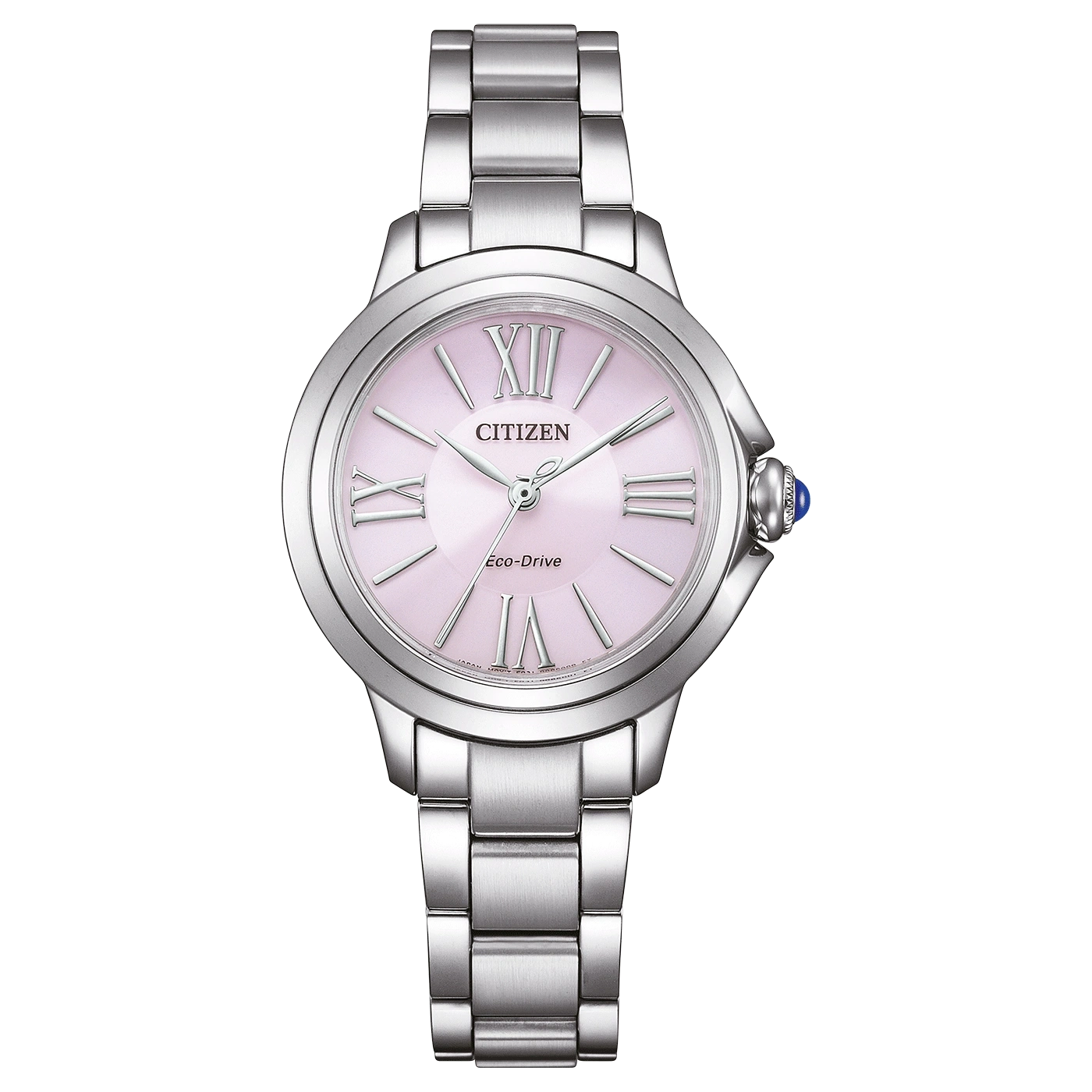 Citizen Eco-Drive horloge met roze wijzerplaat en zilveren band, elegant design.