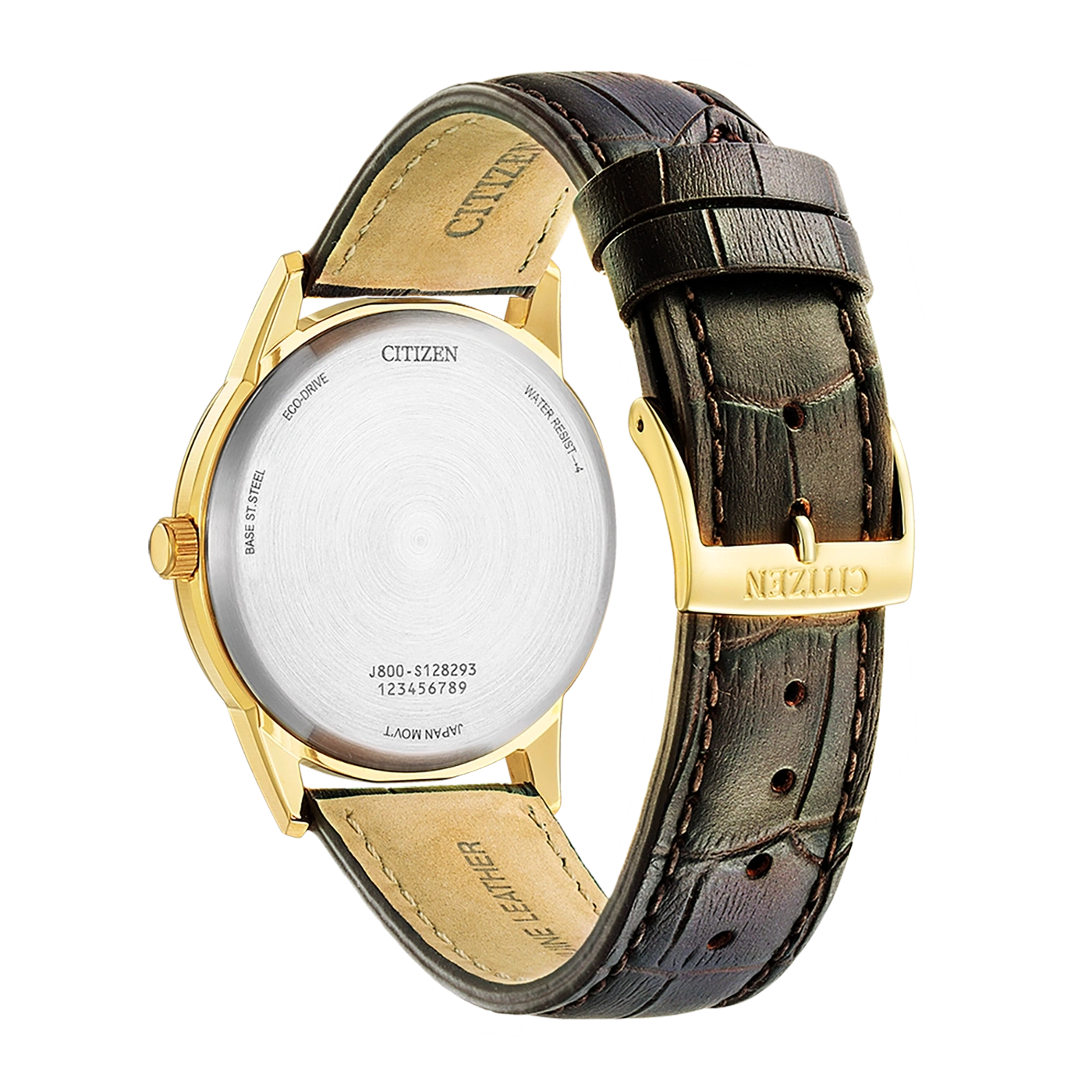 Citizen horloge, gouden kast, leren band, Eco-Drive, waterbestendig, Japan movt.