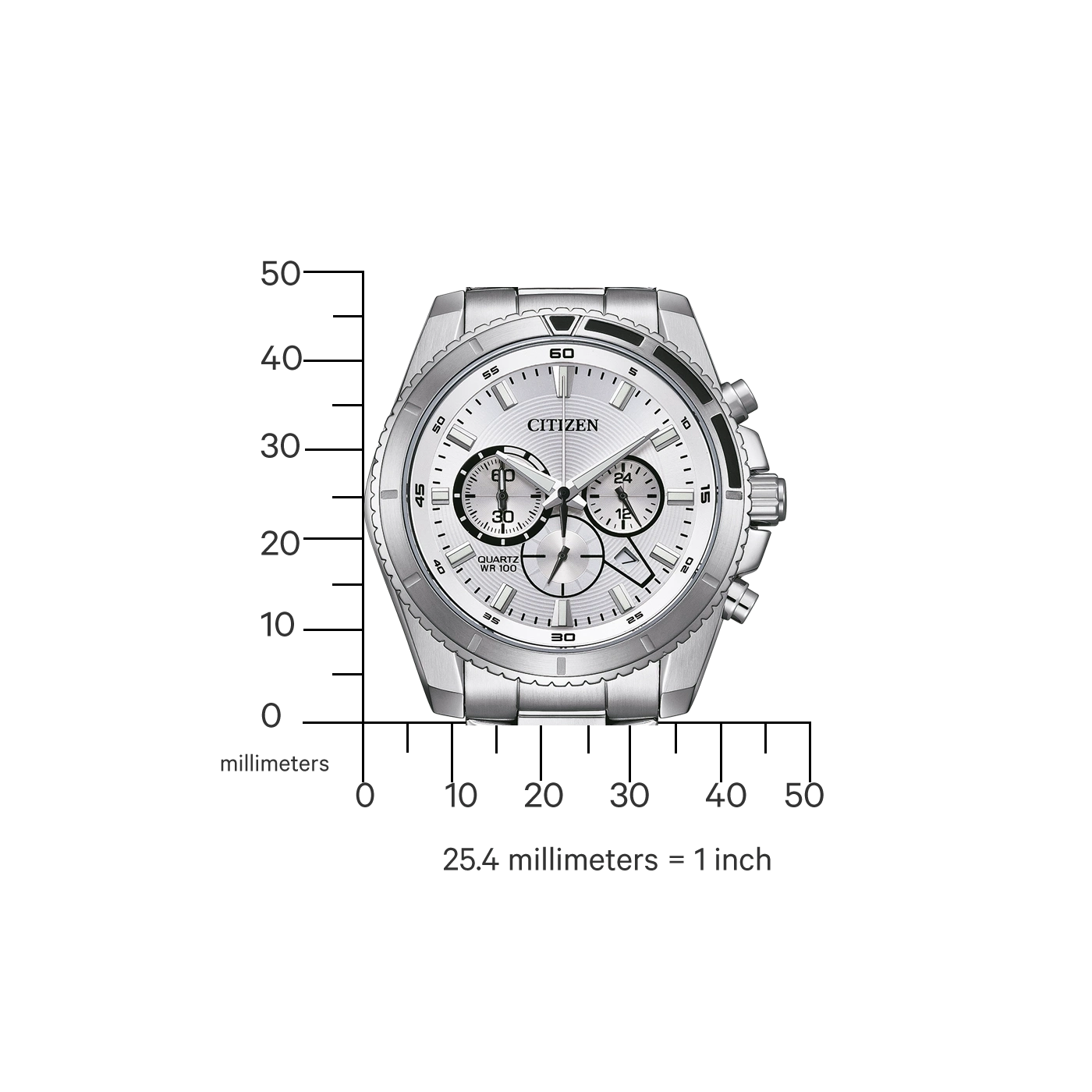 Citizen horloge met zilveren band en witte wijzerplaat, toont tijd en datum.