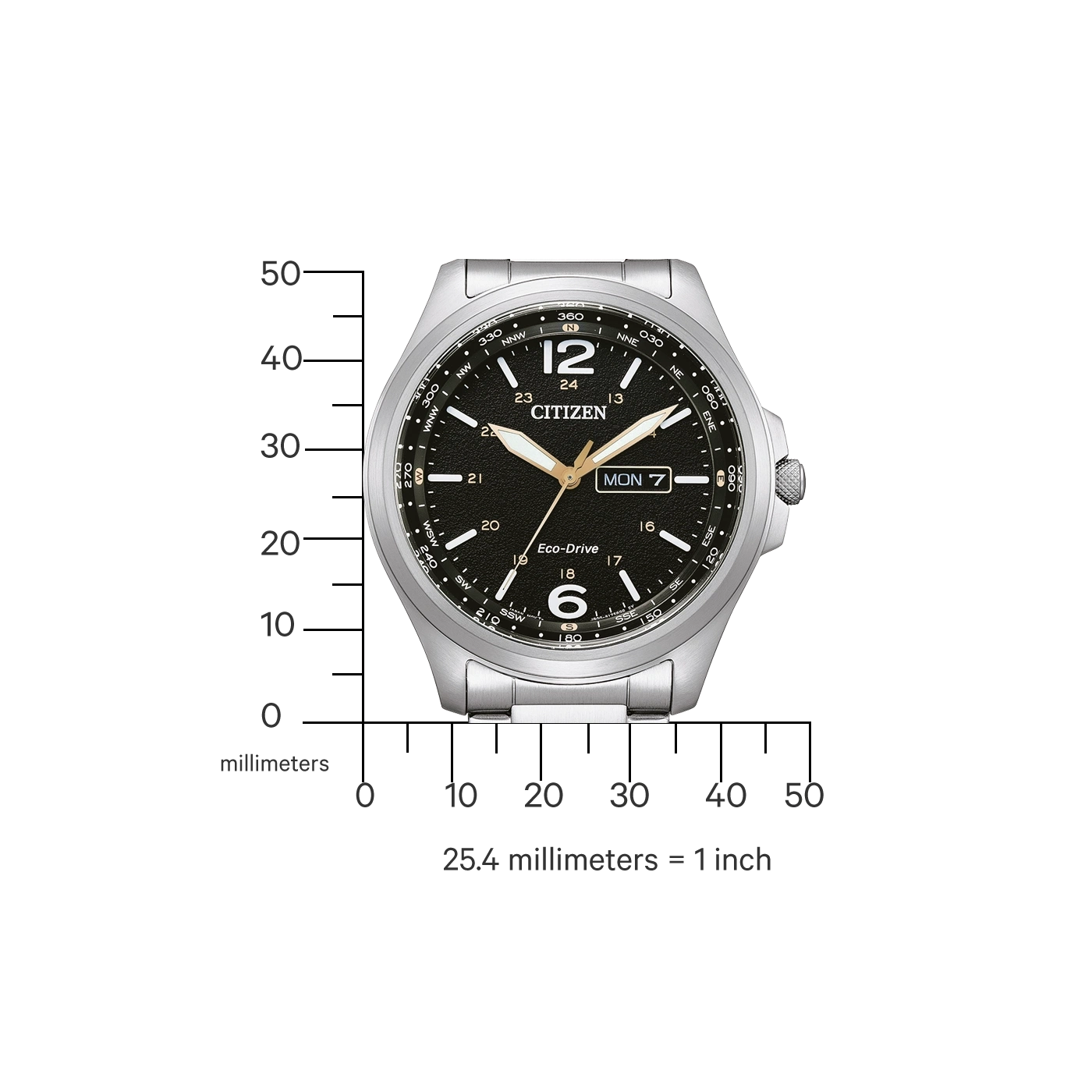 Citizen horloge met zwarte wijzerplaat, zilveren band en datumweergave. Eco-Drive technologie.