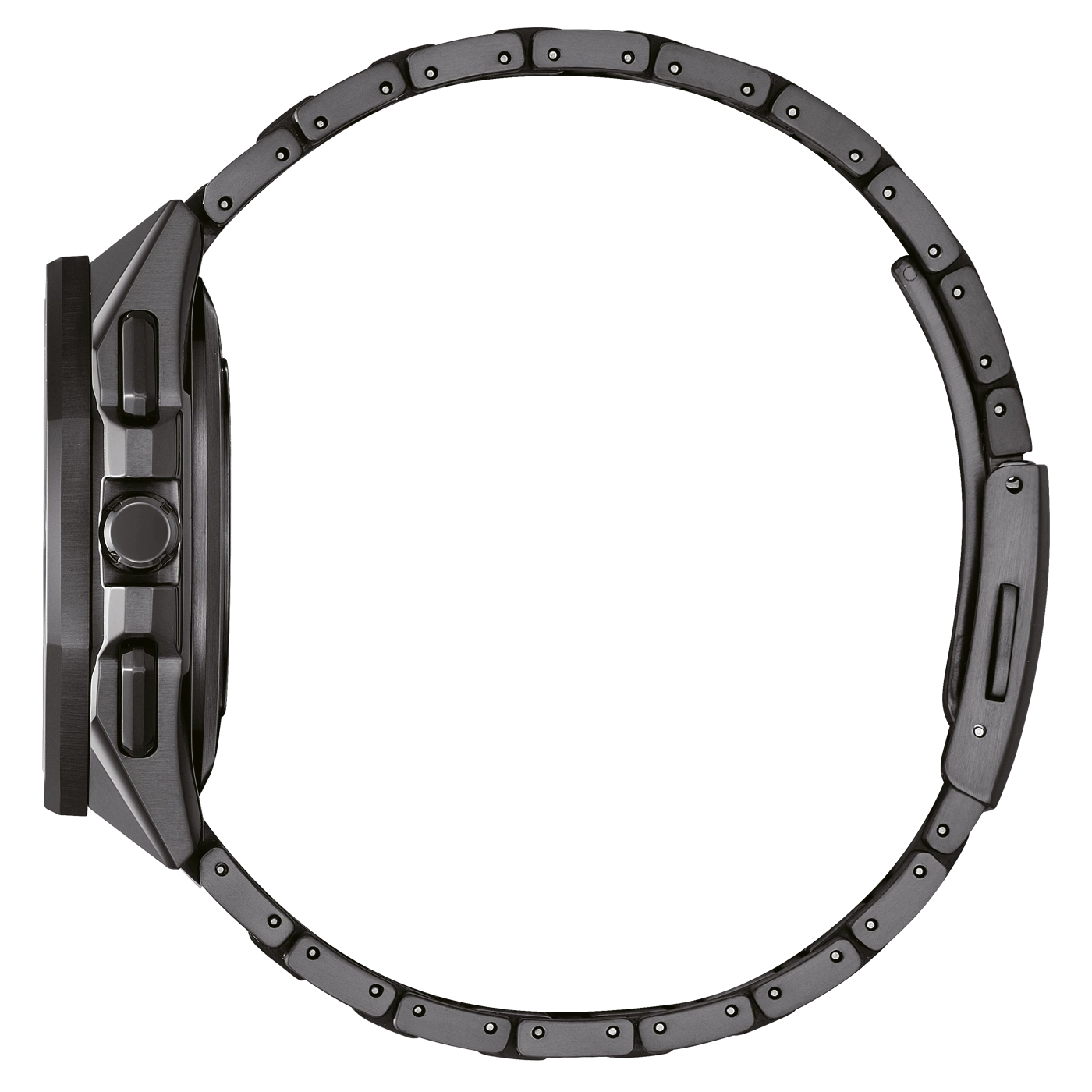 Zijaanzicht van een donkergrijs horloge met een metalen band en een ronde wijzerplaat.