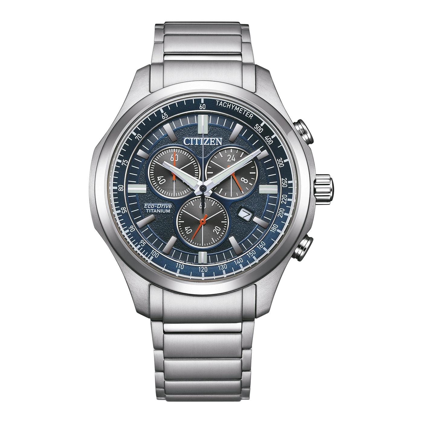 Citizen horloge met blauwe wijzerplaat, tachymeter en titanium armband. Eco-Drive technologie.