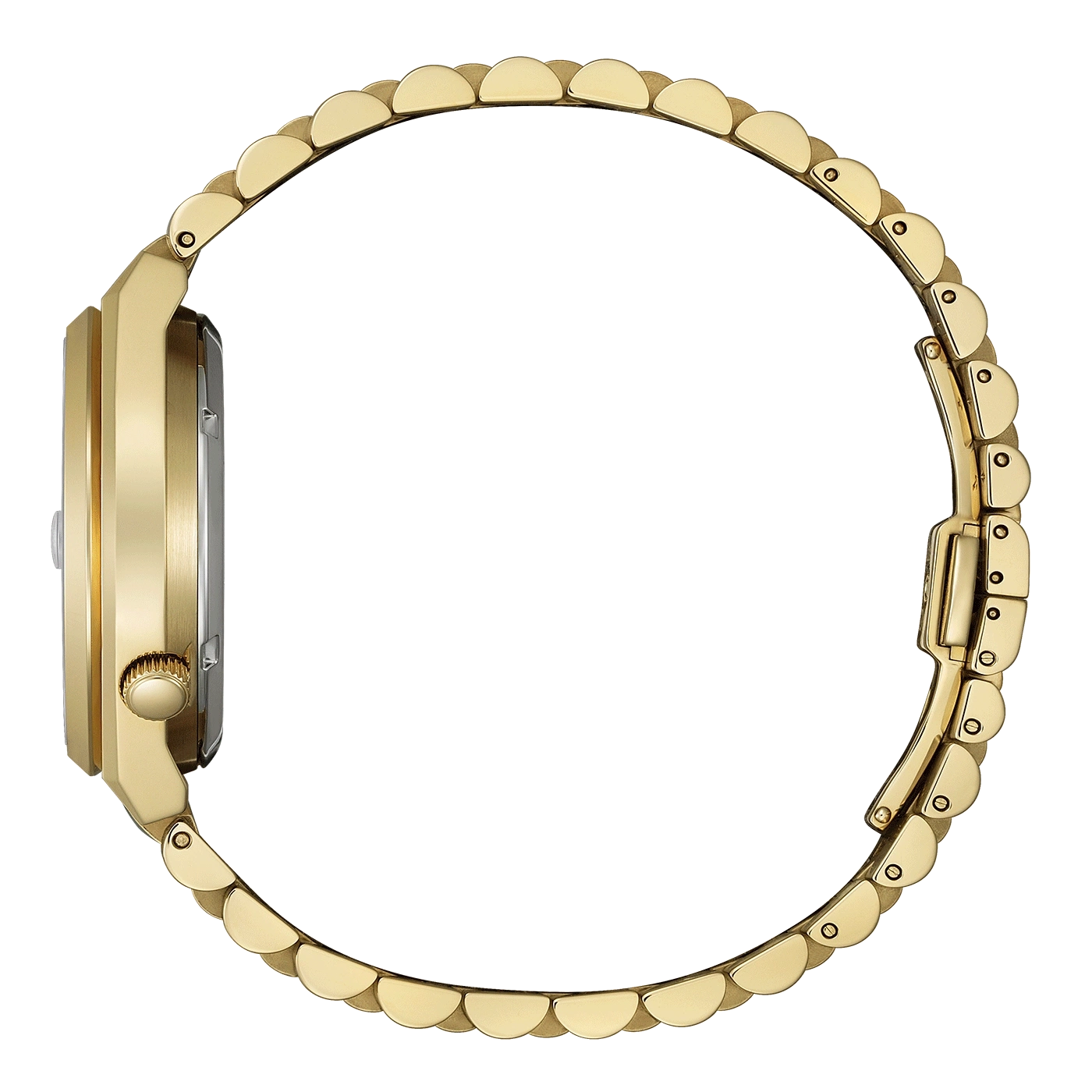 Gouden horloge zijaanzicht, elegant ontwerp, cirkelvormige armband, luxe accessoire, tijdmeetapparaat.