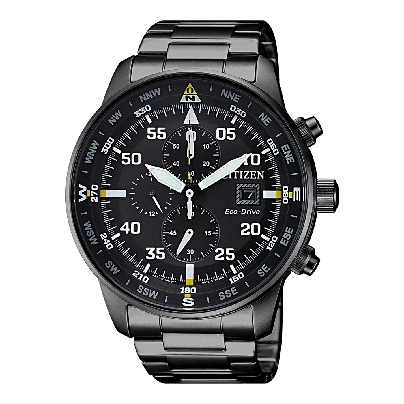 Zwart Citizen horloge met kompas en chronograaf functies, perfect voor outdoor avonturen.