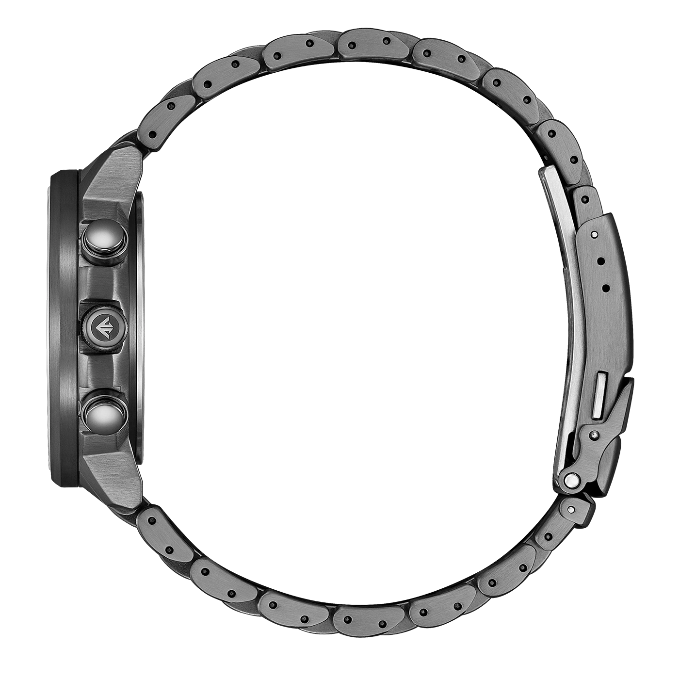 Close-up van een donkergrijs horloge met een metalen band en knoppen aan de zijkant.