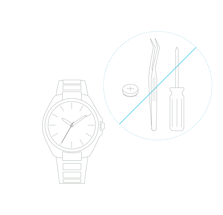 Horloge met doorgestreepte gereedschappen, wat aangeeft dat u het niet zelf moet repareren.