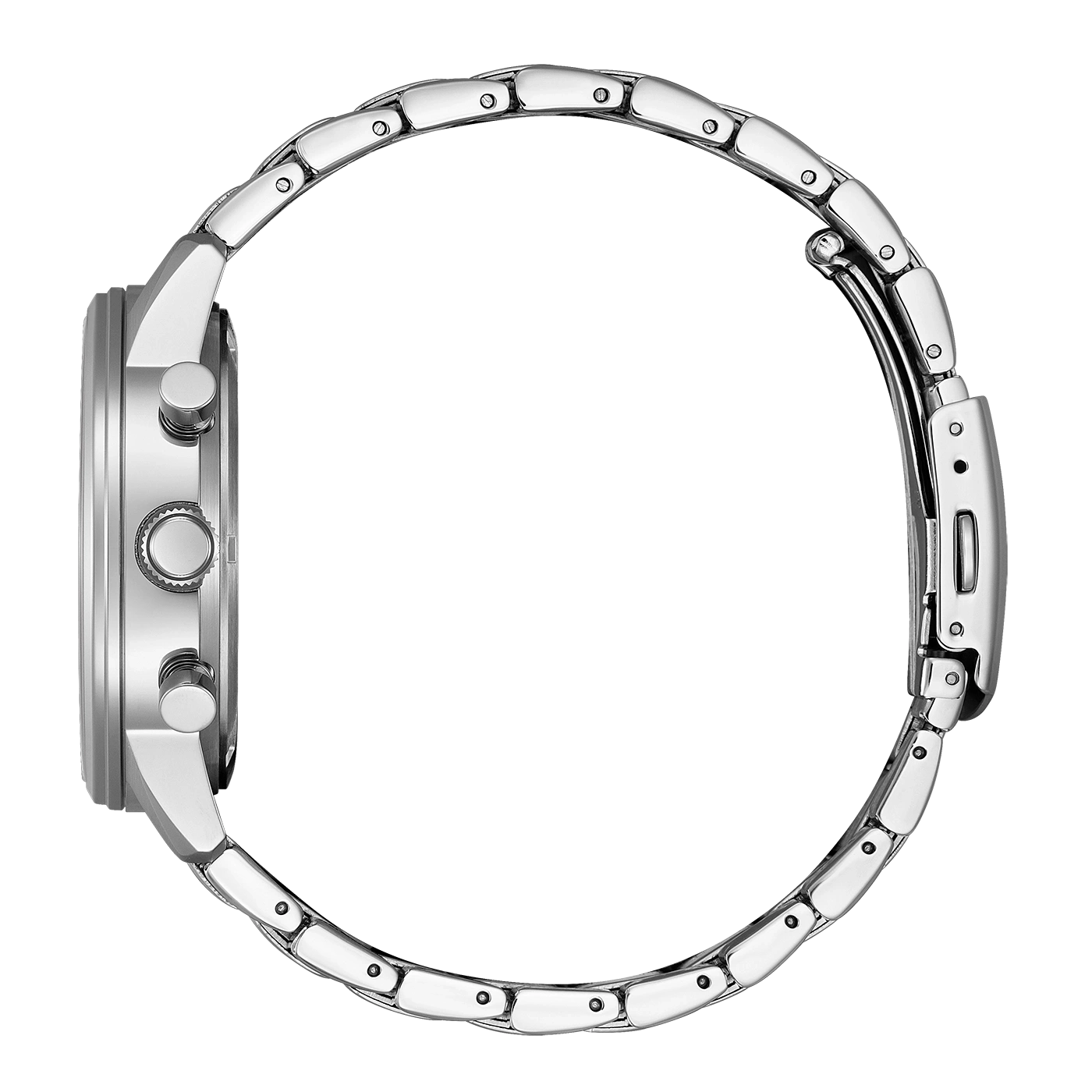 Zijaanzicht van een zilveren horloge met metalen band.